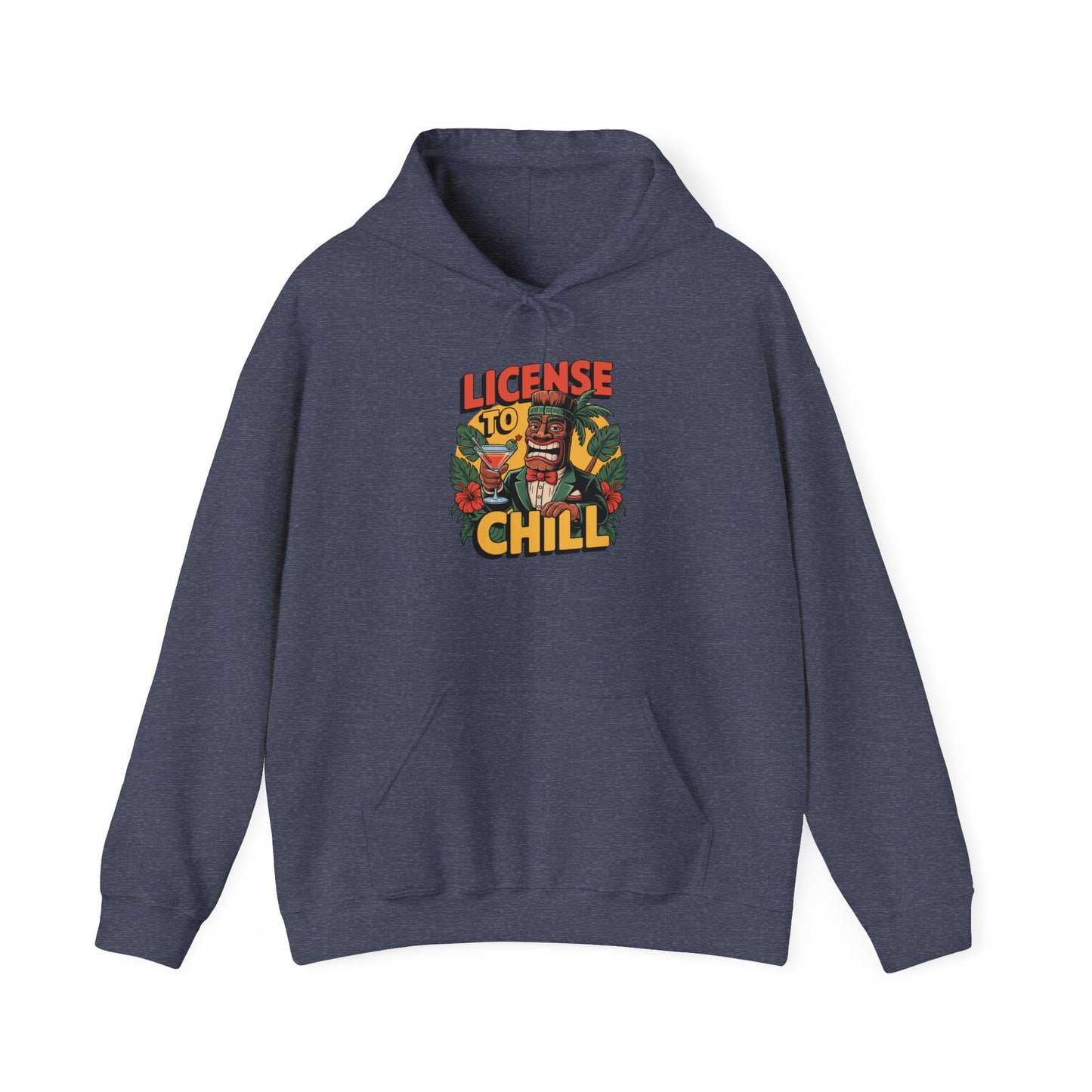 The License to Chill Hoodie is a dark gray unisex heavy blend sweatshirt featuring a bold “LICENSE TO CHILL” graphic with a person holding a drink amid tropical leaves and flowers—ideal for relaxation, fun, and any versatile wardrobe.