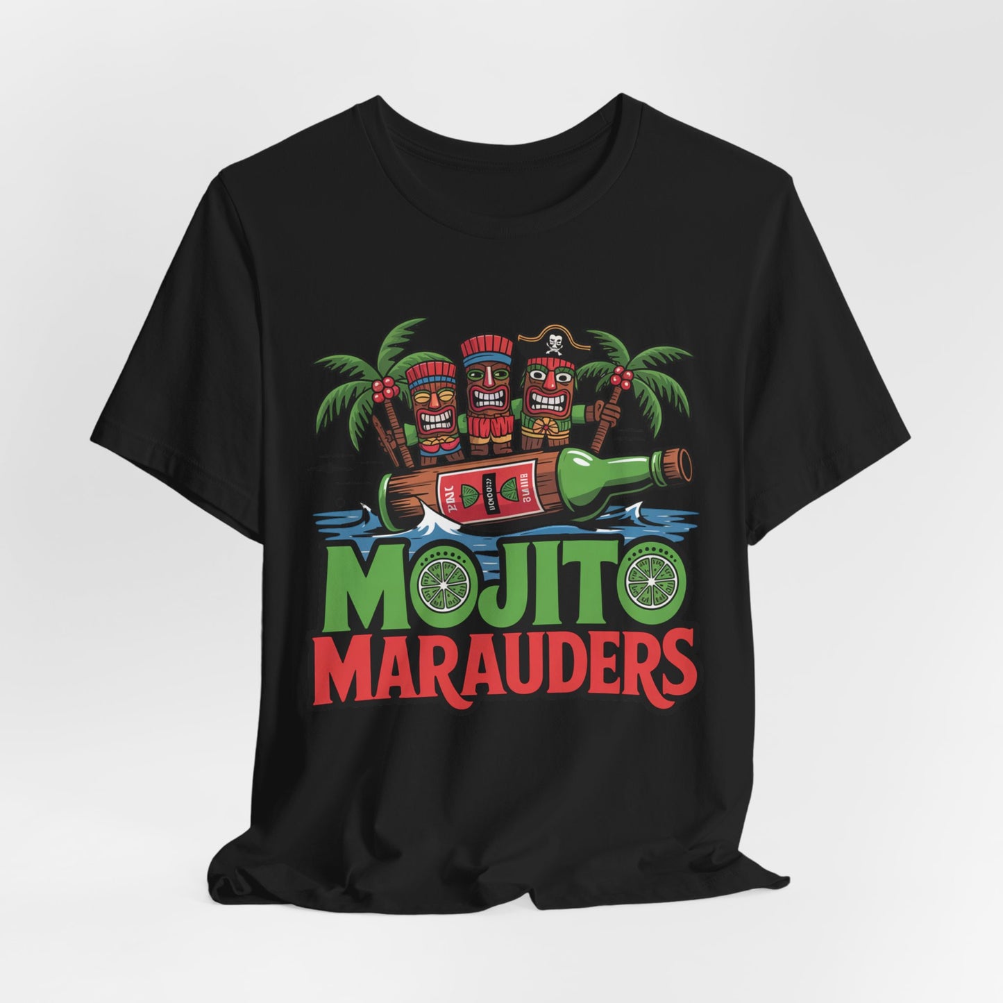The Mojito Marauders Tiki T-Shirt features three tiki figures in a pirate hat, palm trees, bottles, limes, and bold green/red text on a soft unisex jersey—perfect for tropical vibes.