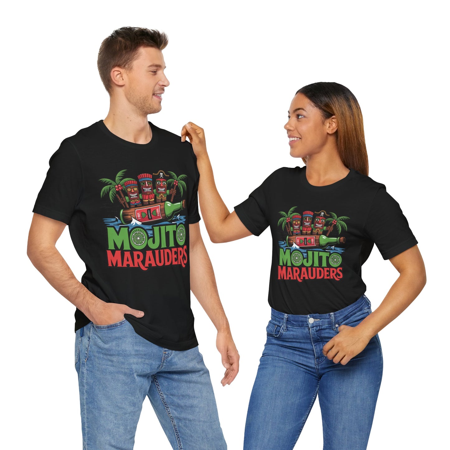 A smiling man and woman wear Mojito Marauders Tiki T-Shirt - Unisex Jersey Short Sleeve Shirt for Tropical Vibes, featuring a colorful palm tree and tiki drink design. The comfy unisex fit highlights their relaxed, cheerful mood.