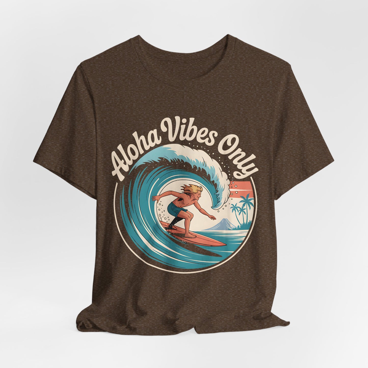 The Aloha Vibes Only Surf T-Shirt is a brown unisex jersey featuring a surfer, palm trees, sunset backdrop, and retro “Aloha Vibes Only” lettering—ideal for beach lovers and fans of surf culture.