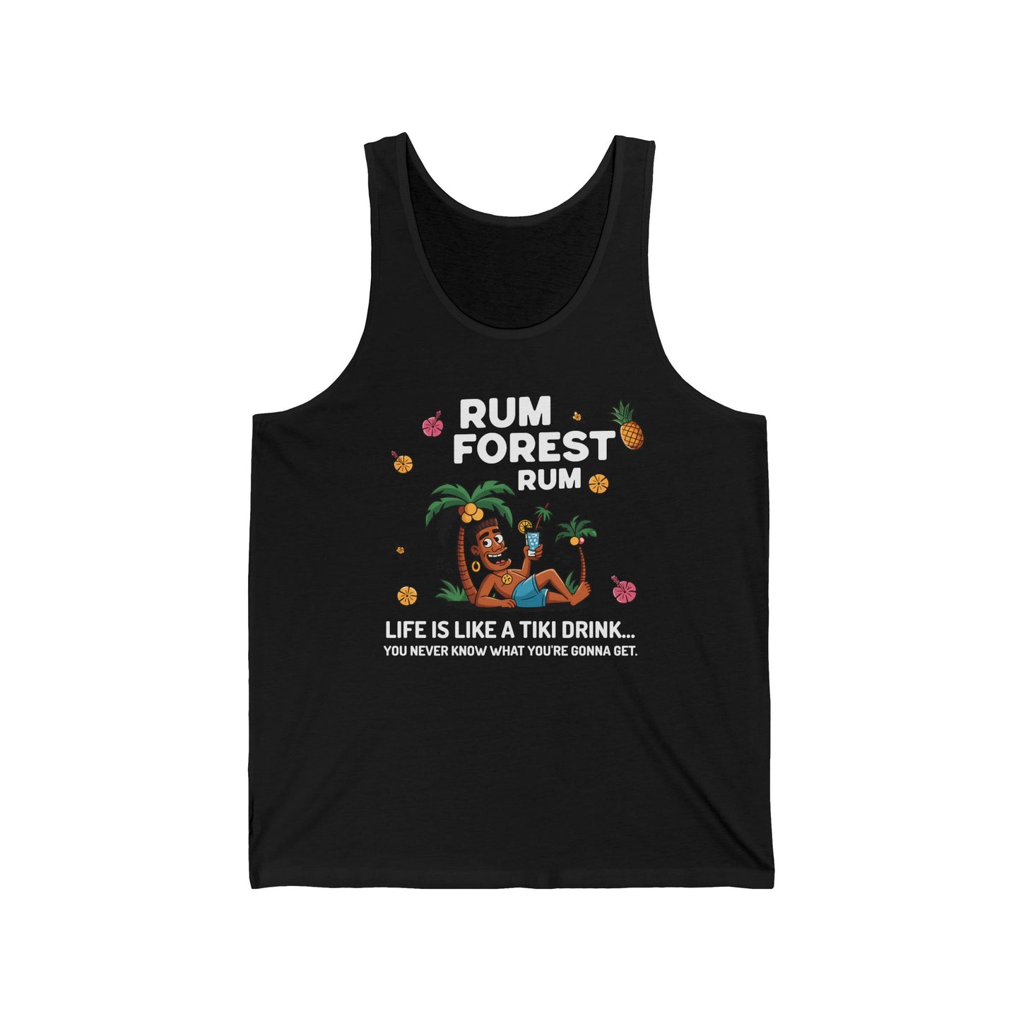 The Rum Forest Jersey Tiki Tank Top - Life is Like a Tiki Drink is made from lightweight fabric and features a vibrant tiki with a drink. “RUM FOREST RUM” appears above and “Life is like a tiki drink...” below the design.