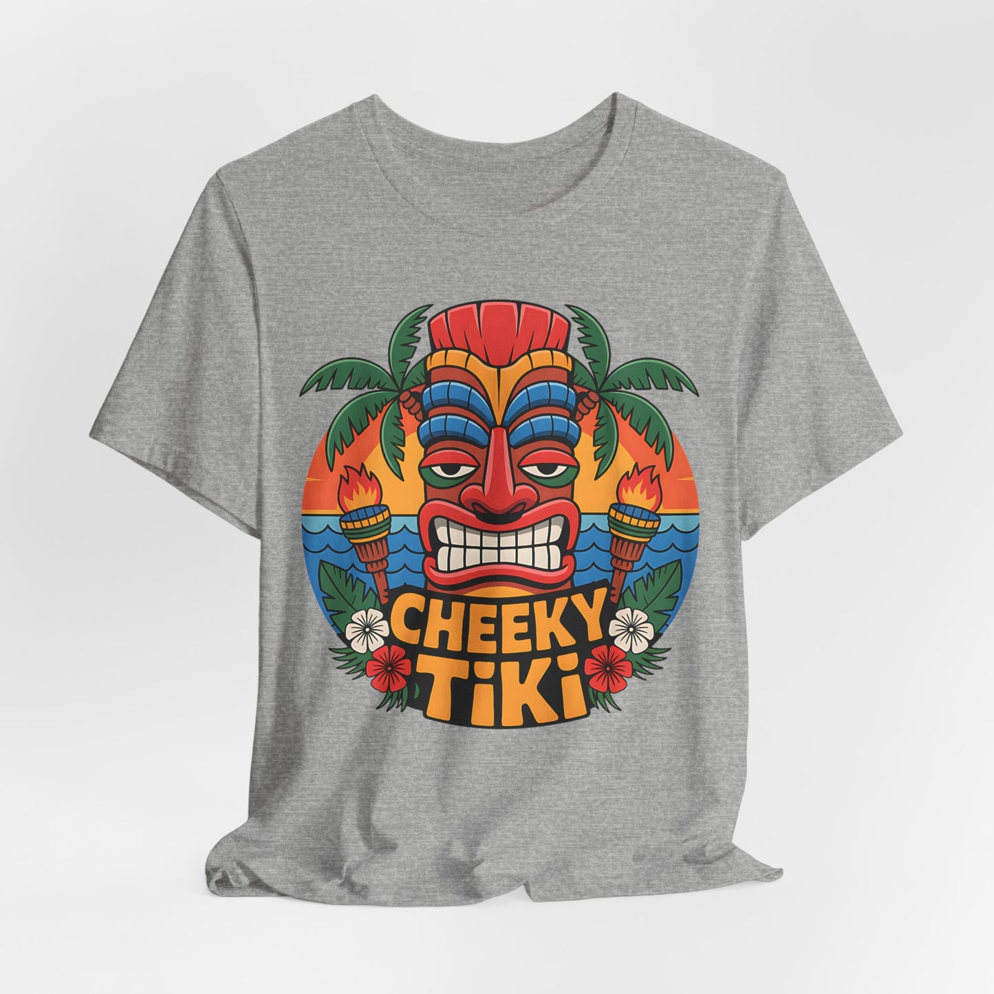 Gray t-shirt with a colorful 'Cheeky Tiki' design on a white background