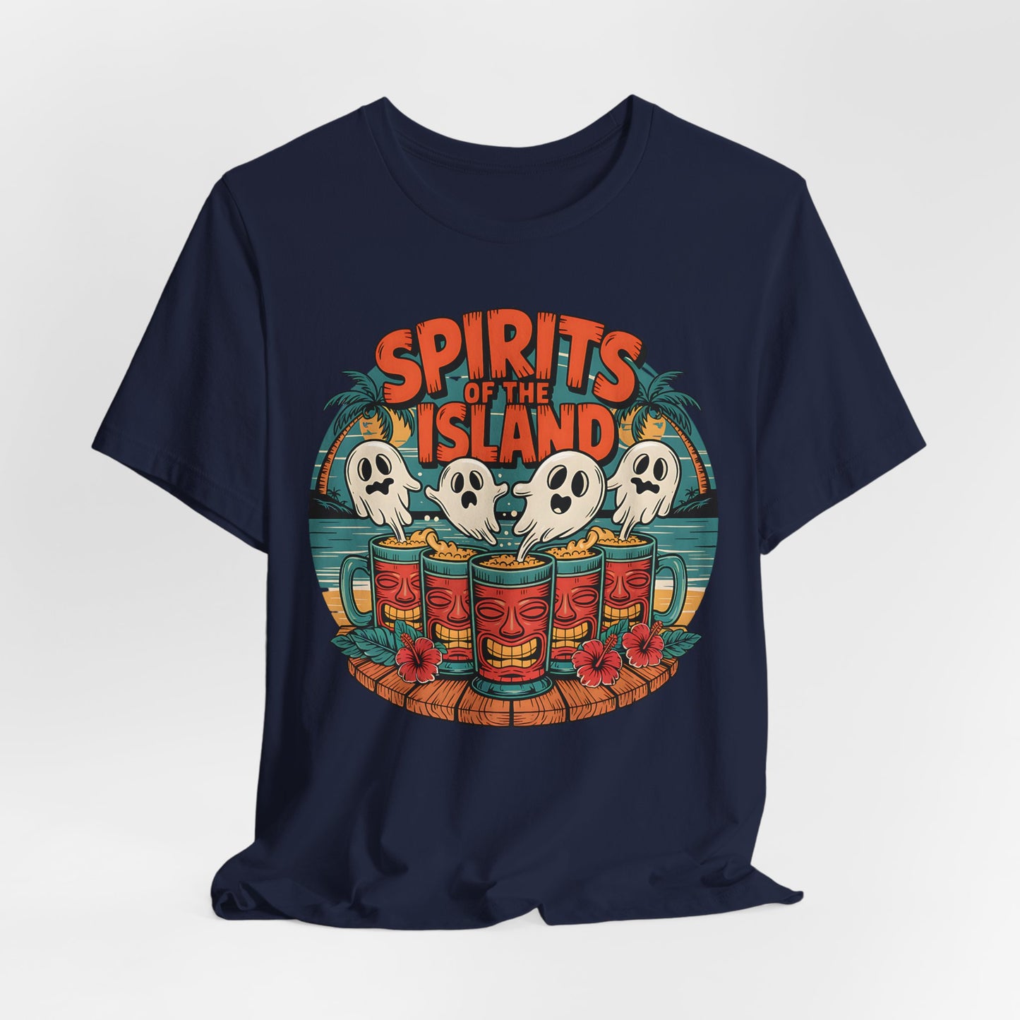 Navy blue t-shirt with 'Spirits of the Island' graphic design featuring ghosts and tropical elements.