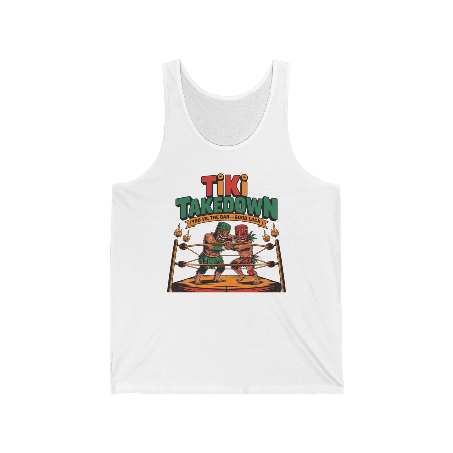 The Tiki Takedown Unisex Jersey Tank is a fun summer tank top for parties and celebrations, featuring colorful tiki figures wrestling with Tiki Takedown: Toss Em and Cool Off!—ideal for festivals and fans of unique designs.