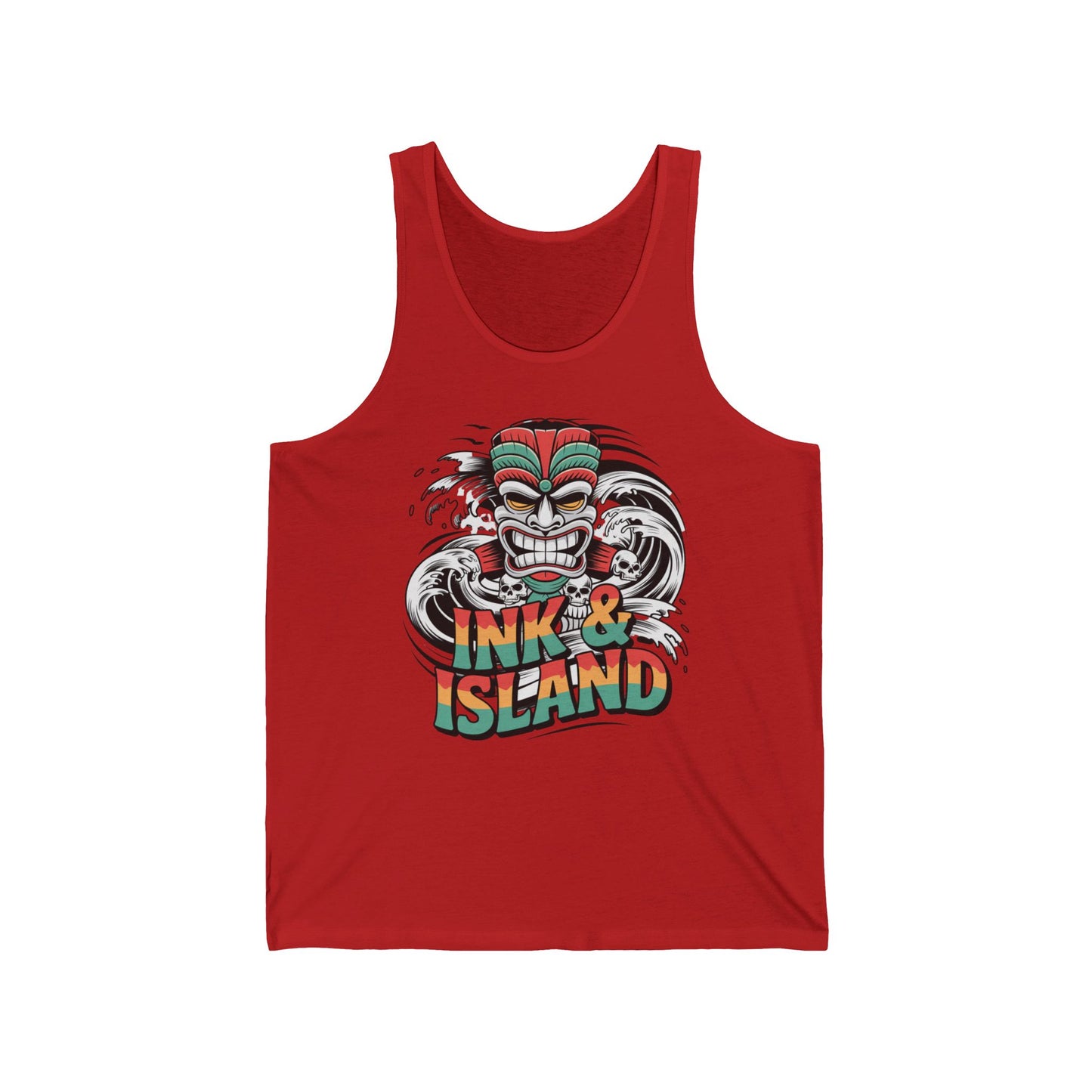 The Tropical Ink & Island Unisex Jersey Tiki Tank Top for Beach Vibes features a colorful tiki face and bold lettering with wave details—perfect for adding playful, breathable style to your summer wardrobe.