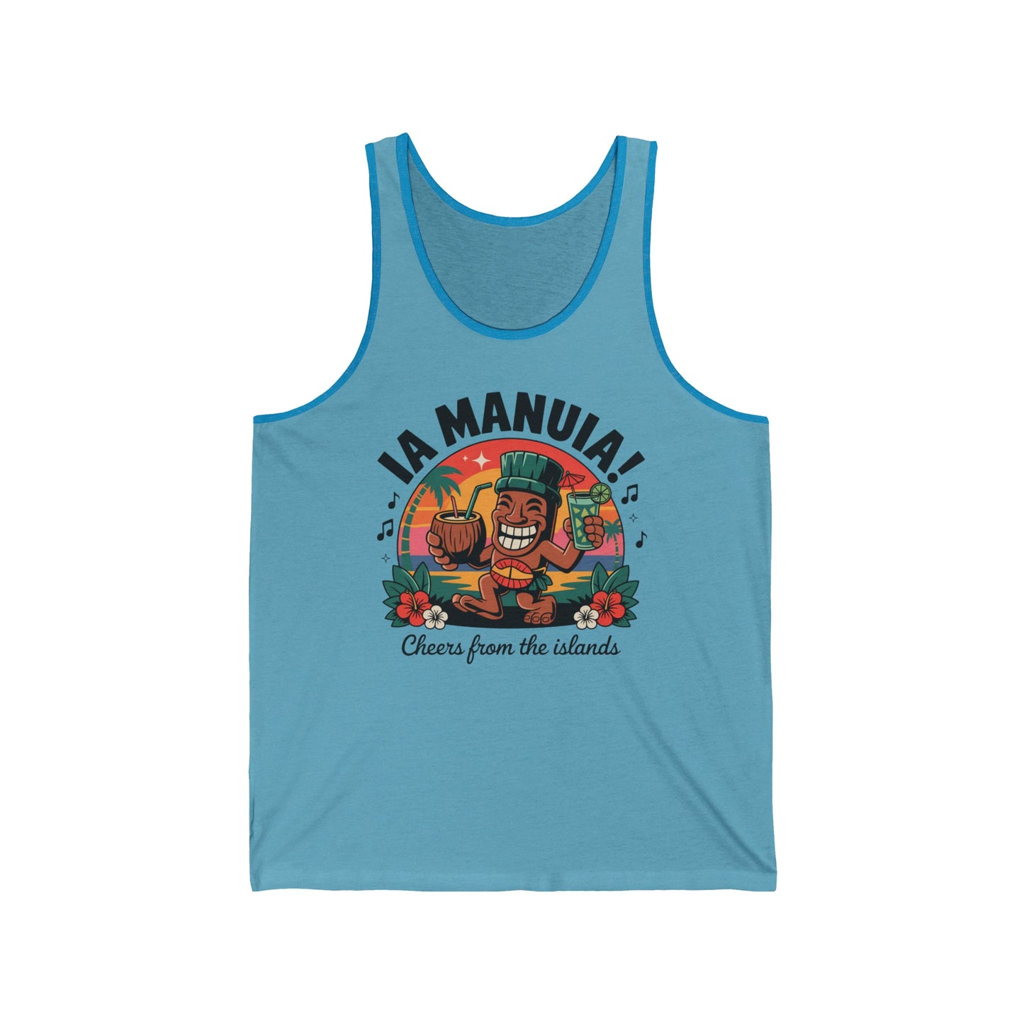 The Cheers from the Islands Tropical Vibes Tiki Tank Top is a vibrant blue unisex jersey featuring a smiling man in island attire with a drink and coconut, IA MANUIA! above, Cheers from the islands below, and hibiscus flowers on each side.