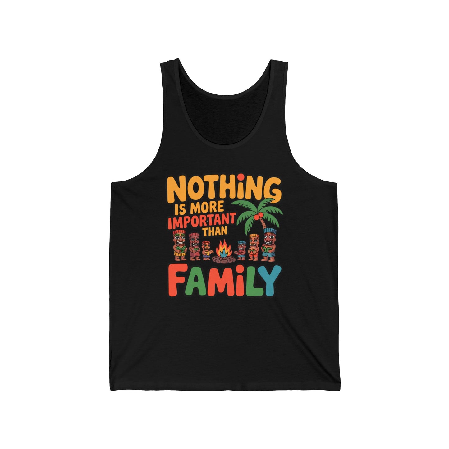 The Tiki Tank Top - Tropical Design - Perfect for Summer Gatherings is a black unisex jersey featuring vibrant “Nothing is more important than family” text, cartoon tiki figures, and a palm tree—ideal for family events.