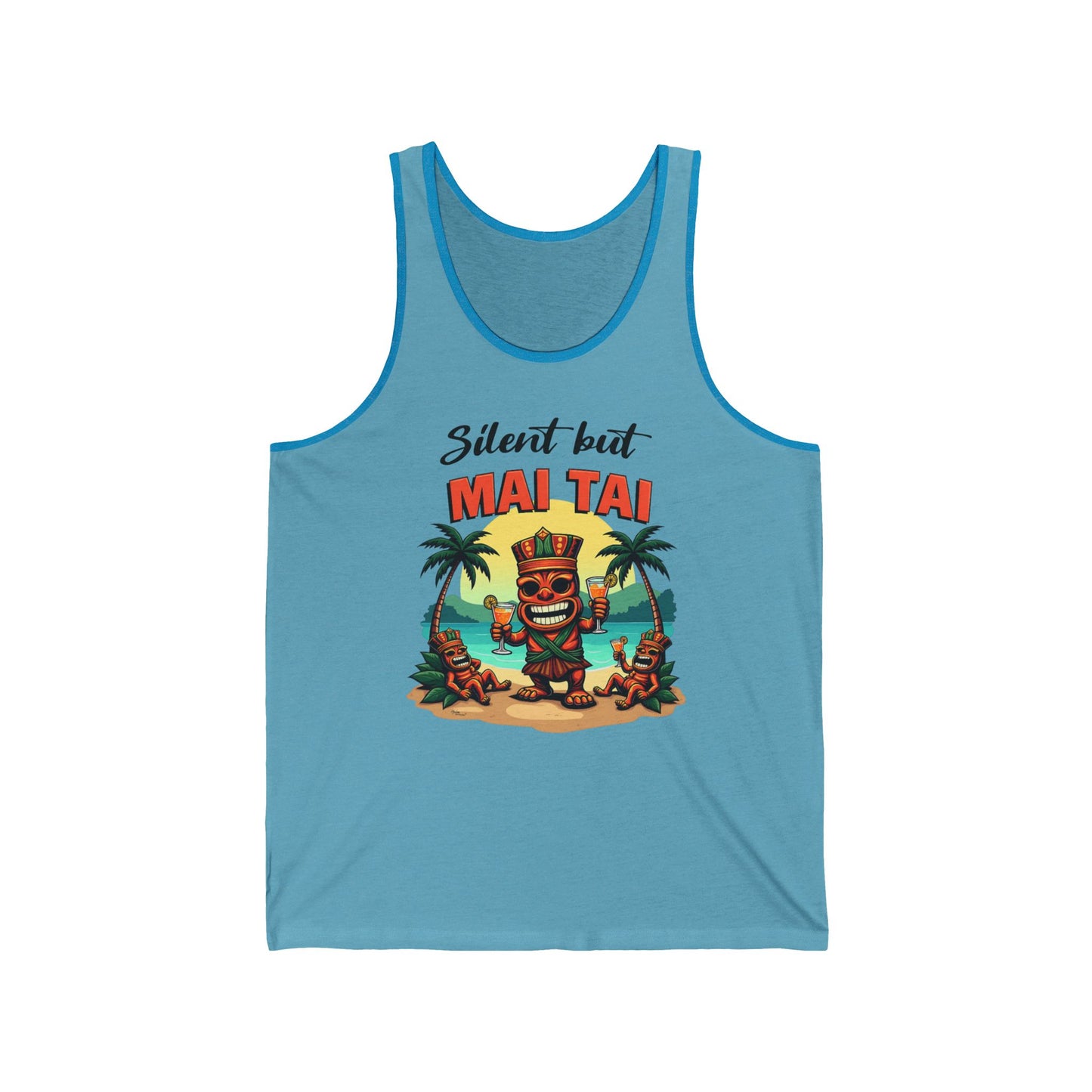 The Silent but Mai Tai Unisex Jersey Tiki Tank Top features a cartoon tiki with a drink on a tropical beach and playful text. Perfect for summer parties or luau celebrations, it’s your go-to for vibrant tropical style.