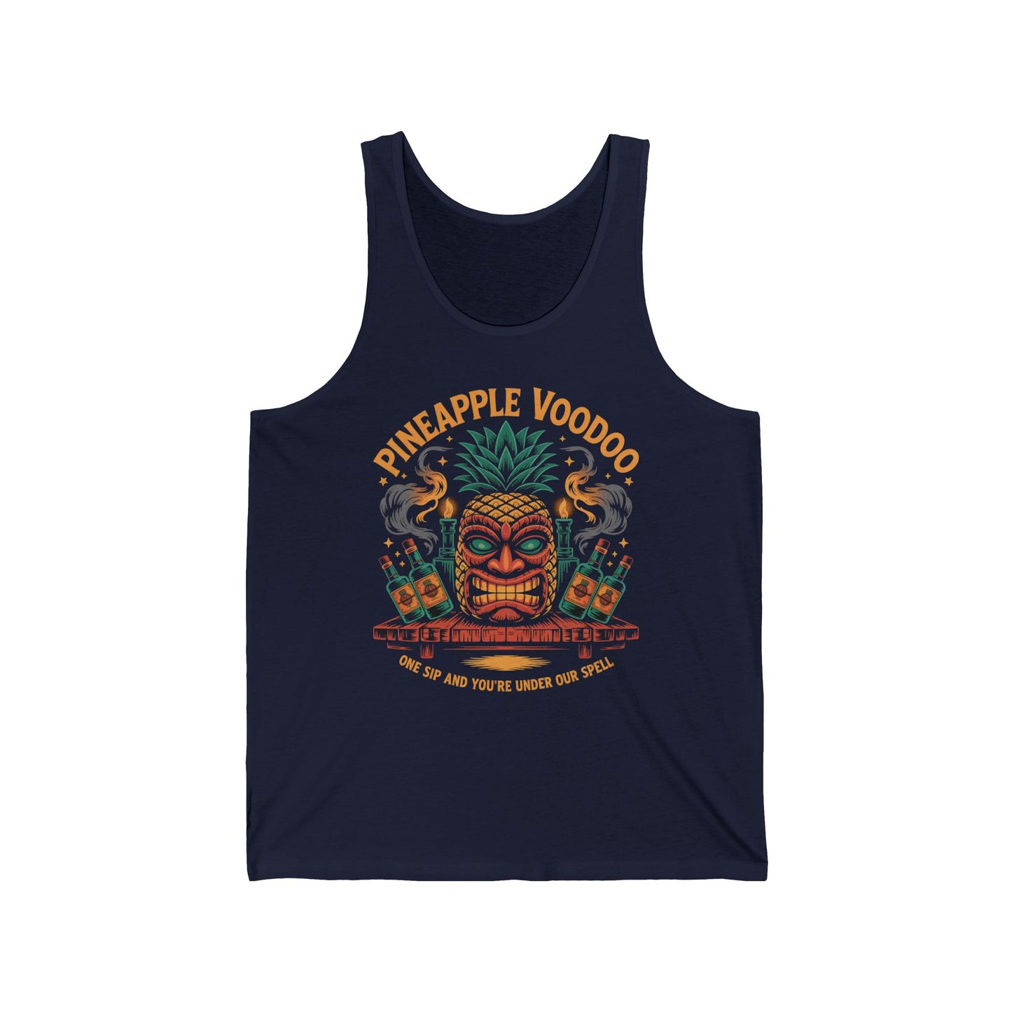 The Pineapple Voodoo Unisex Jersey Tank - Tropical T-Shirt for Beach Lovers showcases a vibrant tiki mask with pineapple top, tropical drinks, and “PINEAPPLE VOODOO” above, “ONE SIP AND YOU’RE UNDER OUR SPELL.” below—perfect summer vibes!.