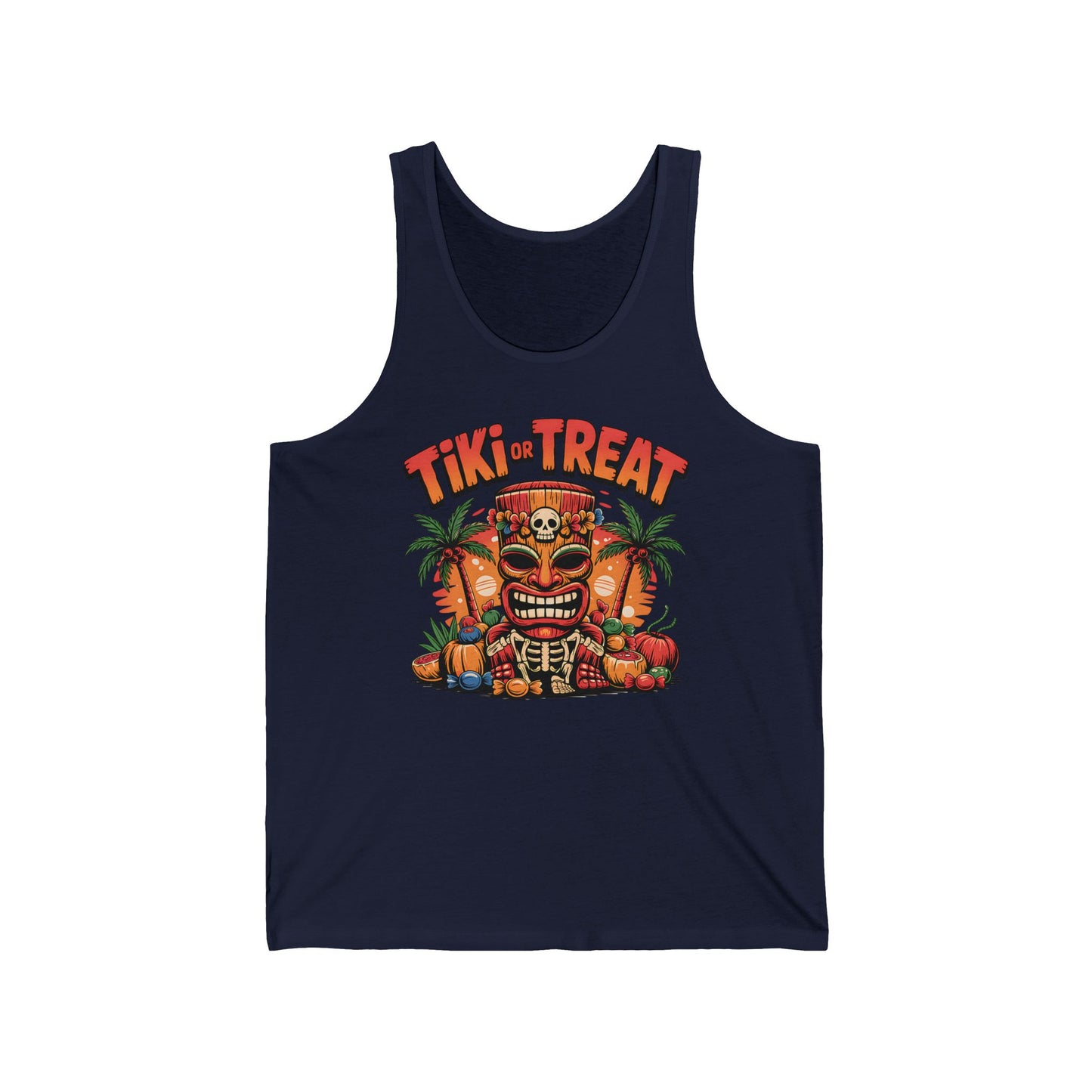 Elevate your summer look with the Tiki Treat Unisex Jersey Tiki Tank Top—perfect for Halloween parties! It features a bold Tiki or Treat above a vibrant tiki mask surrounded by pumpkins, skulls, and palm trees.