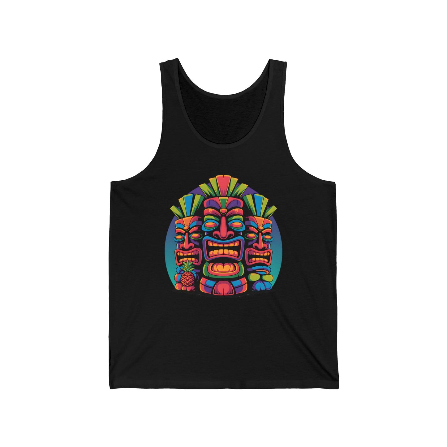 Ideal for beach outings and festivals, the Tropical Tiki Unisex Jersey Tiki Tank Top for Summer Vibes showcases three bold tiki masks with geometric headdresses in a vibrant chest graphic.