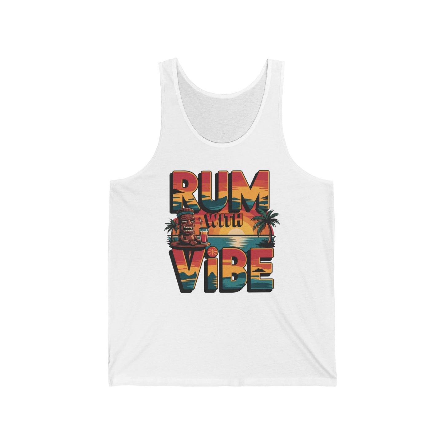The Rum with Vibe Tropical Summer Aesthetic Tiki Tank Top is a white unisex jersey featuring palm trees, a sunset, and bold retro lettering—perfect for summer parties with its soft, lightweight feel.