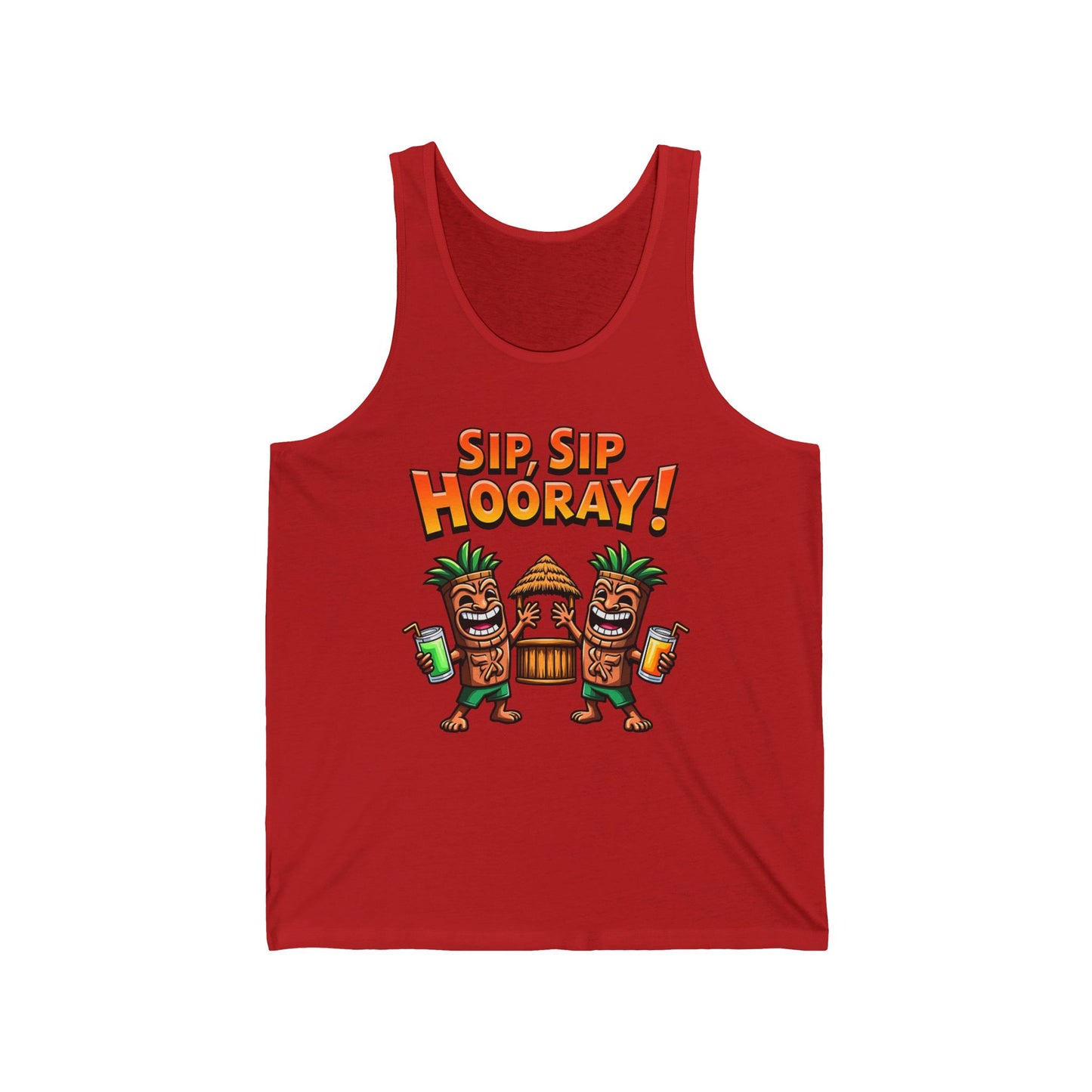 The Sip Sip Hooray! Unisex Jersey Tiki Tank Top features two tiki characters with bottles by a tiki hut, plus bold yellow SIP, SIP HOORAY! text—ideal for summer parties or beach days.