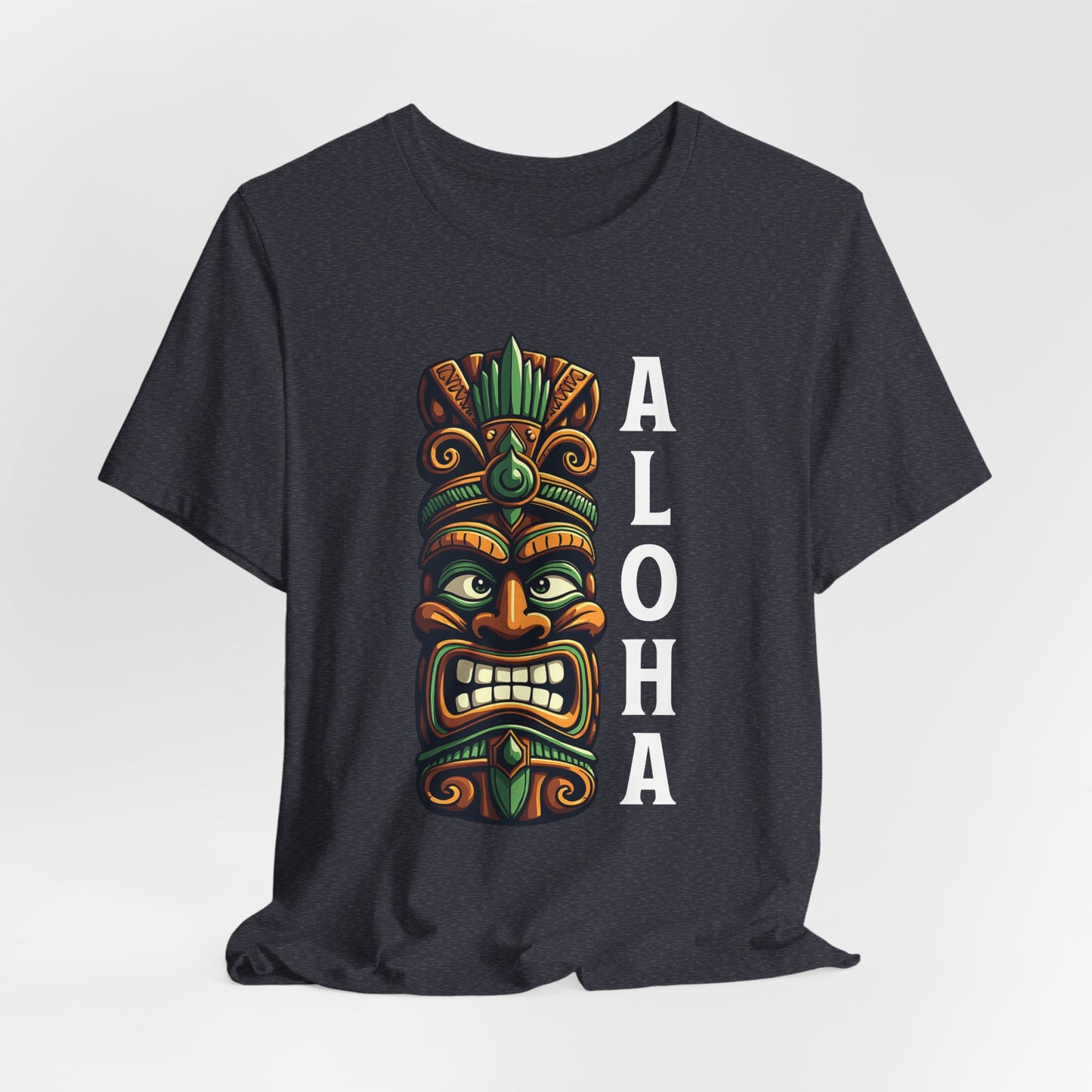 The Aloha Tiki- Graphic Tiki T-Shirt for Beach Lovers is a black unisex jersey tee with a vibrant tiki mask and bold ALOHA text—ideal for anyone craving tropical vibes.