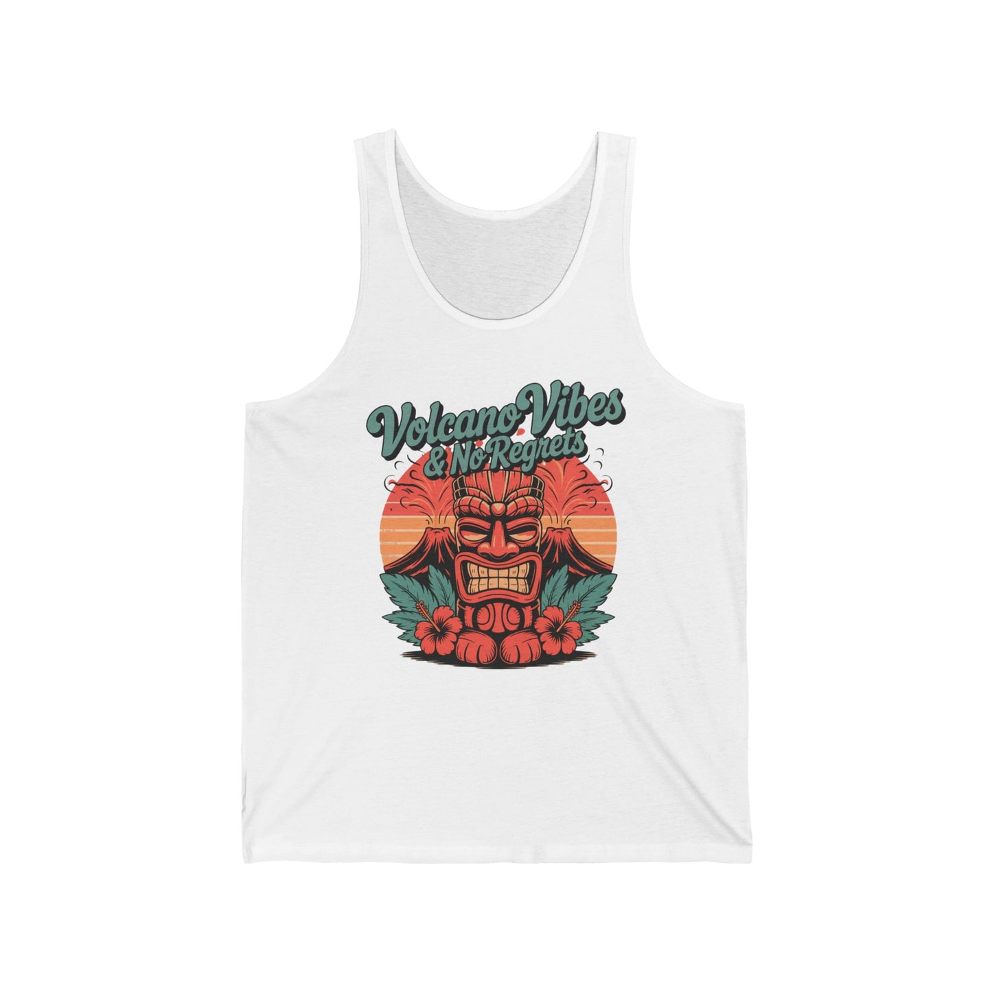 The Volcano Vibes Unisex Jersey Tiki Tank Top features a vibrant tiki mask, orange sun, and tropical leaves with bold Volcano Vibes & No Regrets text on lightweight fabric for ultimate summer comfort.