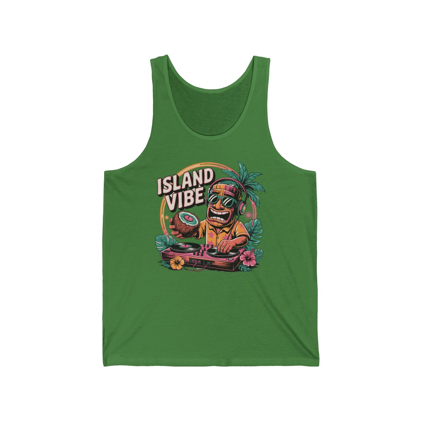 Add some summer flair with the Island Vibe Unisex Jersey Tiki Tank Top, featuring a vibrant graphic of a tiki DJ with headphones, turntables, flowers, palm trees, and bold “ISLAND VIBE” text. Perfect for any summer celebration!.