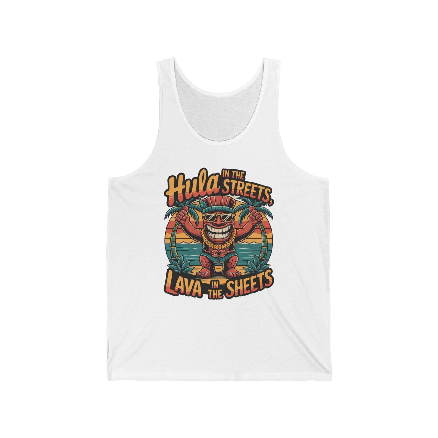 The Hula in the Streets Lava in the Sheets Unisex Jersey Tank - Summer Vibes Tank Top features soft Airlume combed cotton, a vibrant tiki design with palm trees and sunset, and fun summer text—perfect for warm-weather celebrations.