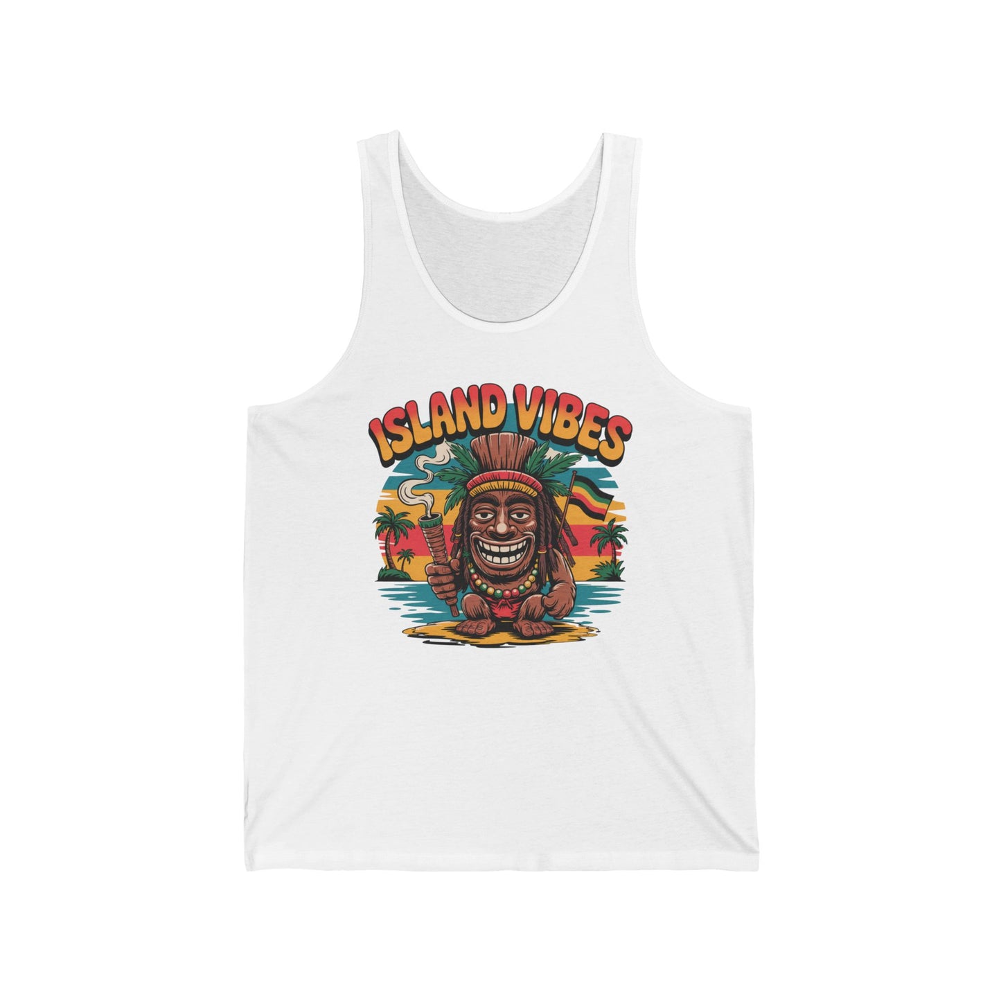 The Island Vibes Unisex Jersey Tiki Tank Top features a vibrant tiki, palm trees, and sunset graphic over the ocean—perfect for summer and beach days with its fun, casual style.