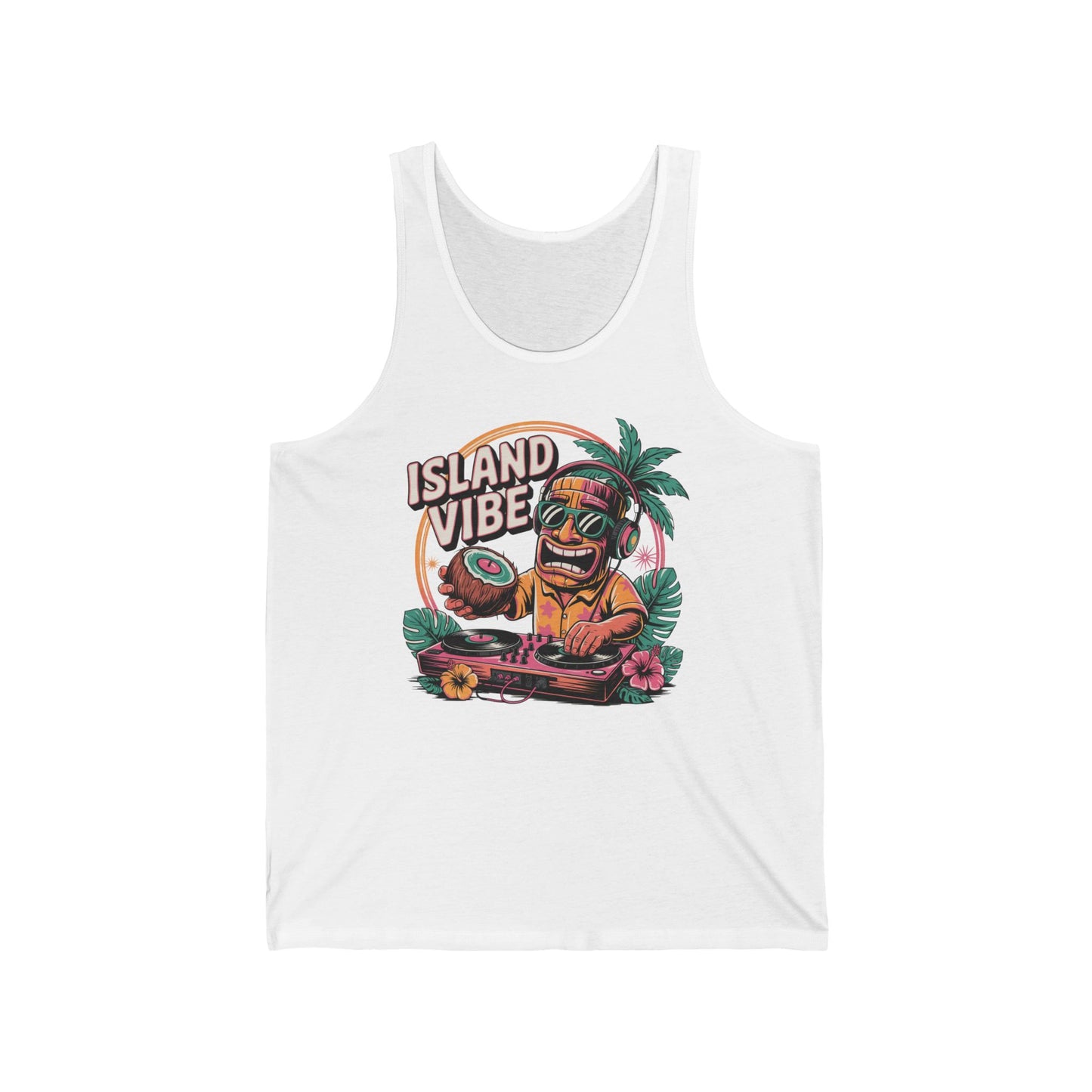 The Island Vibe Unisex Jersey Tiki Tank Top features a colorful tiki DJ with turntables, sunglasses, and headphones among tropical flowers and a palm tree. “ISLAND VIBE” text completes this perfect summer celebration piece.