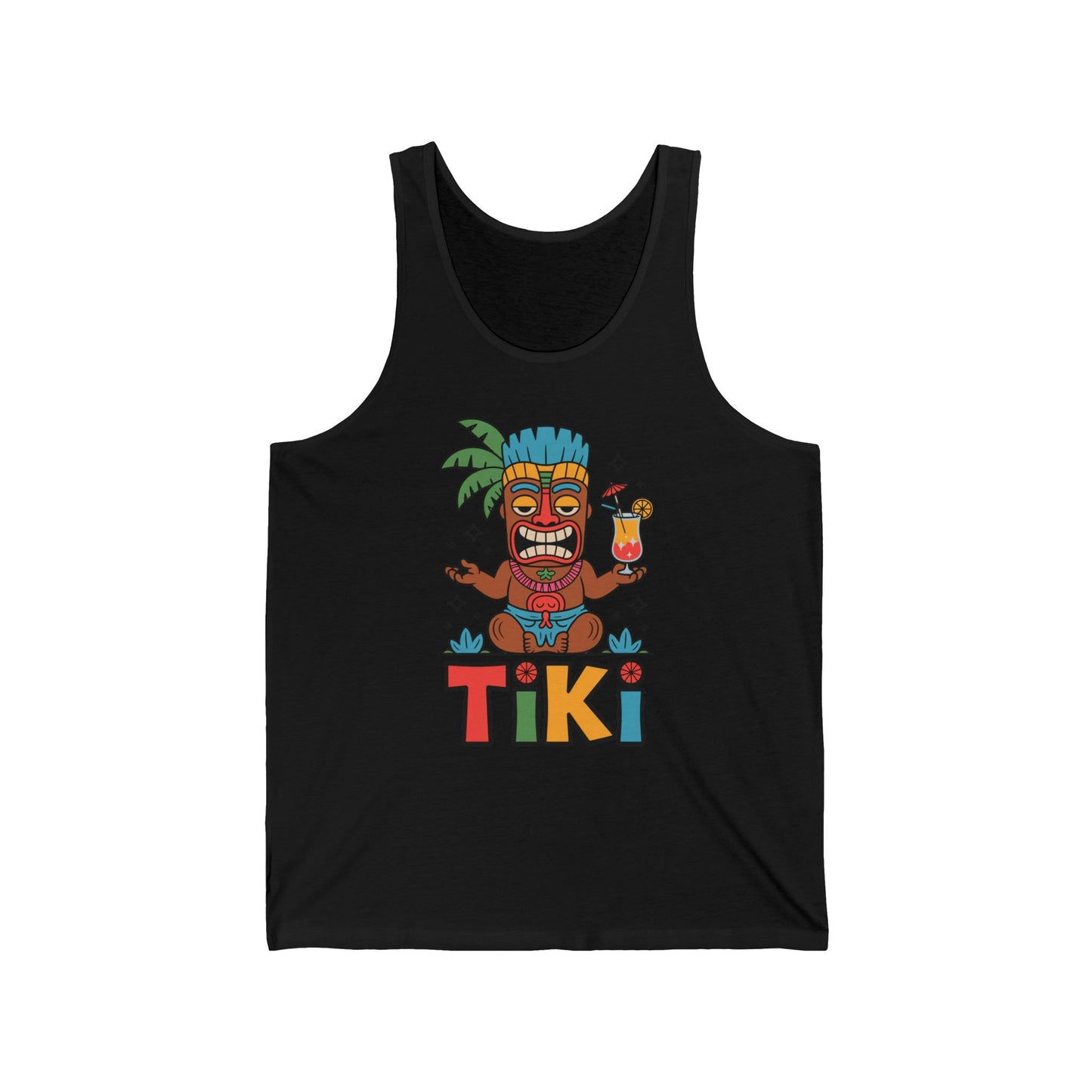 Tiki Themed Unisex Jersey Tiki Tank Top for Summer Parties & Beach Days features a cartoon Tiki figure with a drink, palm leaves, bold TIKI text, and tropical style—perfect for summer vibes.