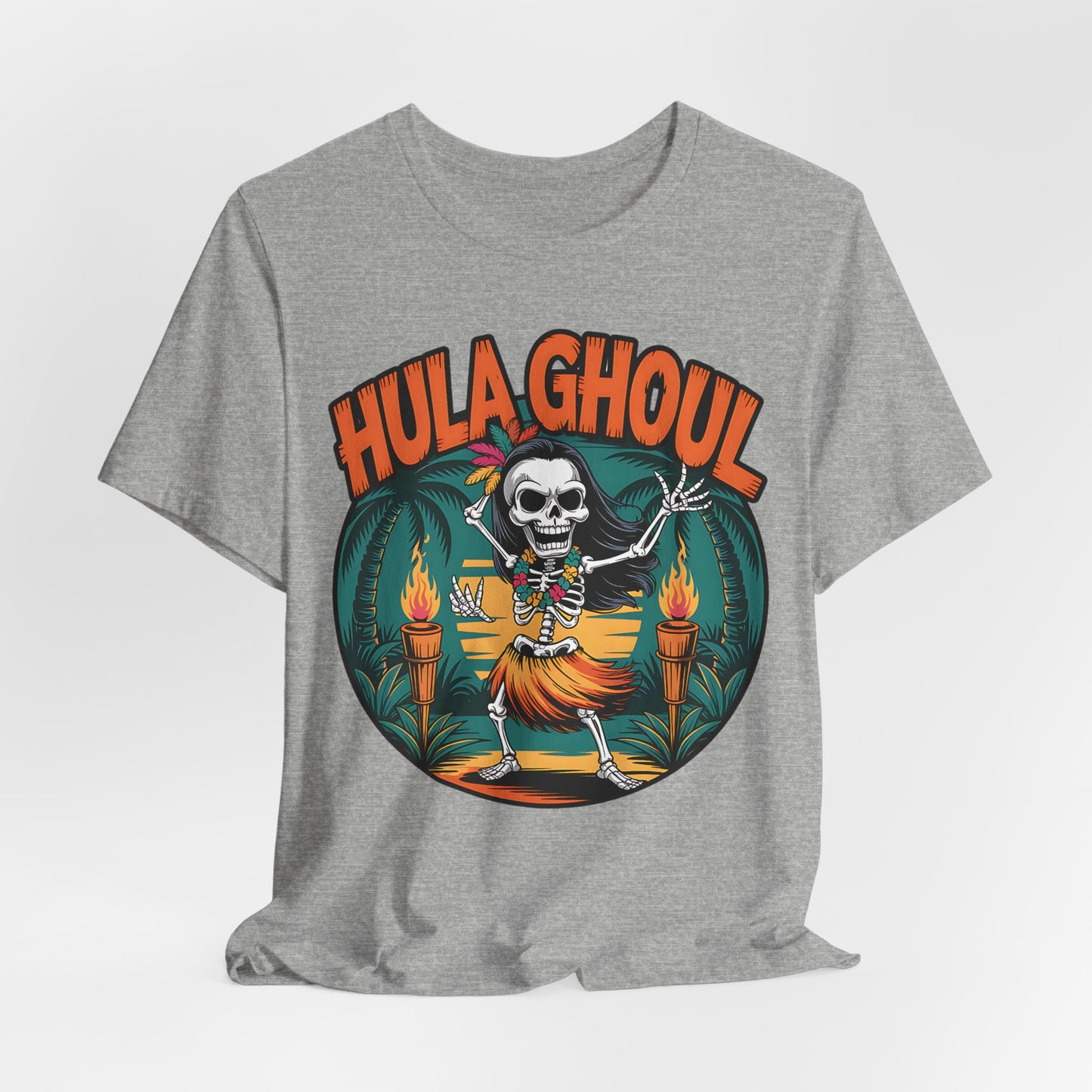 Gray t-shirt with a skeleton hula dancing design labeled 'Hula Ghoul' on a white background