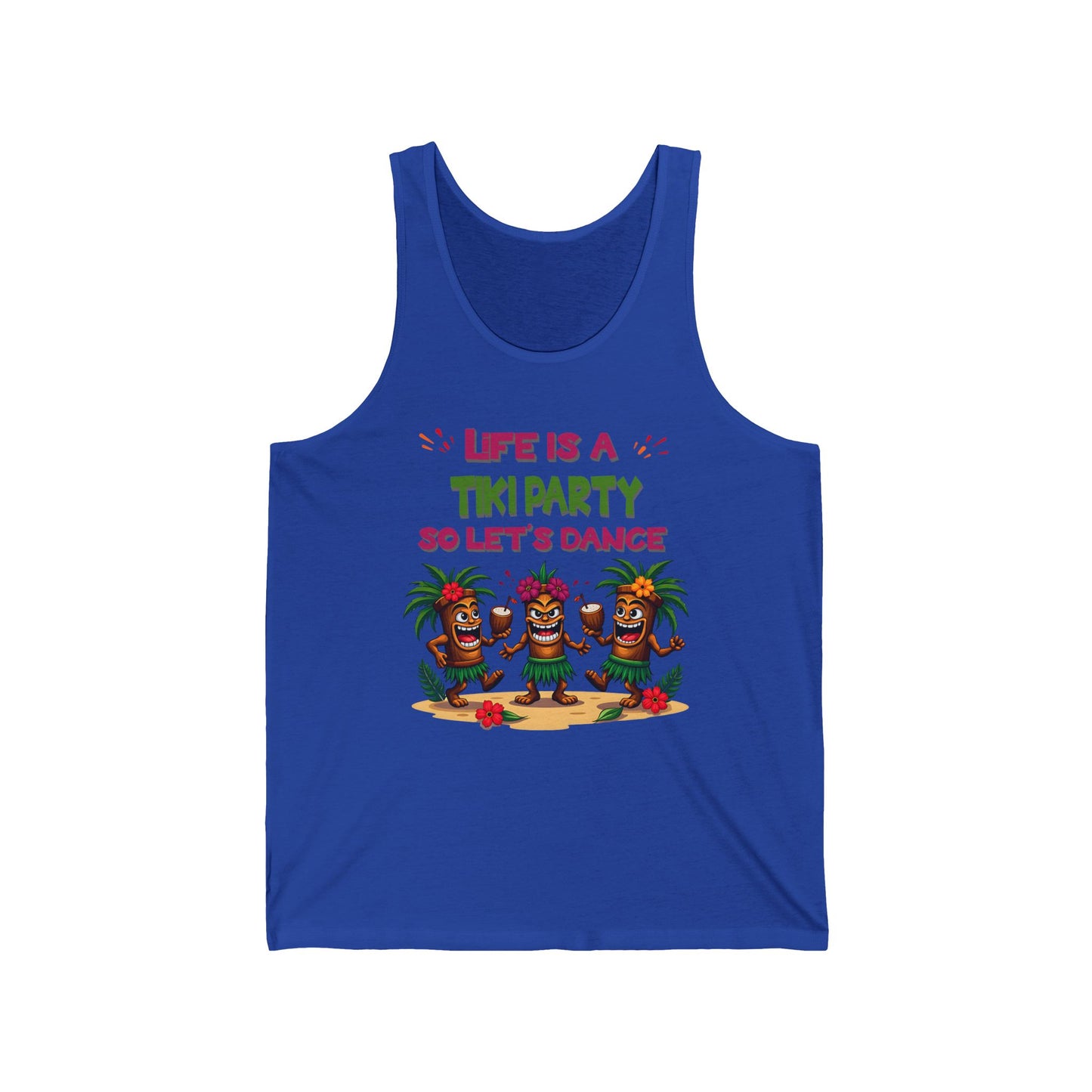 The Tiki Party Tank is a blue unisex jersey sleeveless top featuring vibrant Life is a Tiki Party so Lets Dance text above dancing tikis, palm trees, and flowers—perfect for summer fun and tropical celebrations.