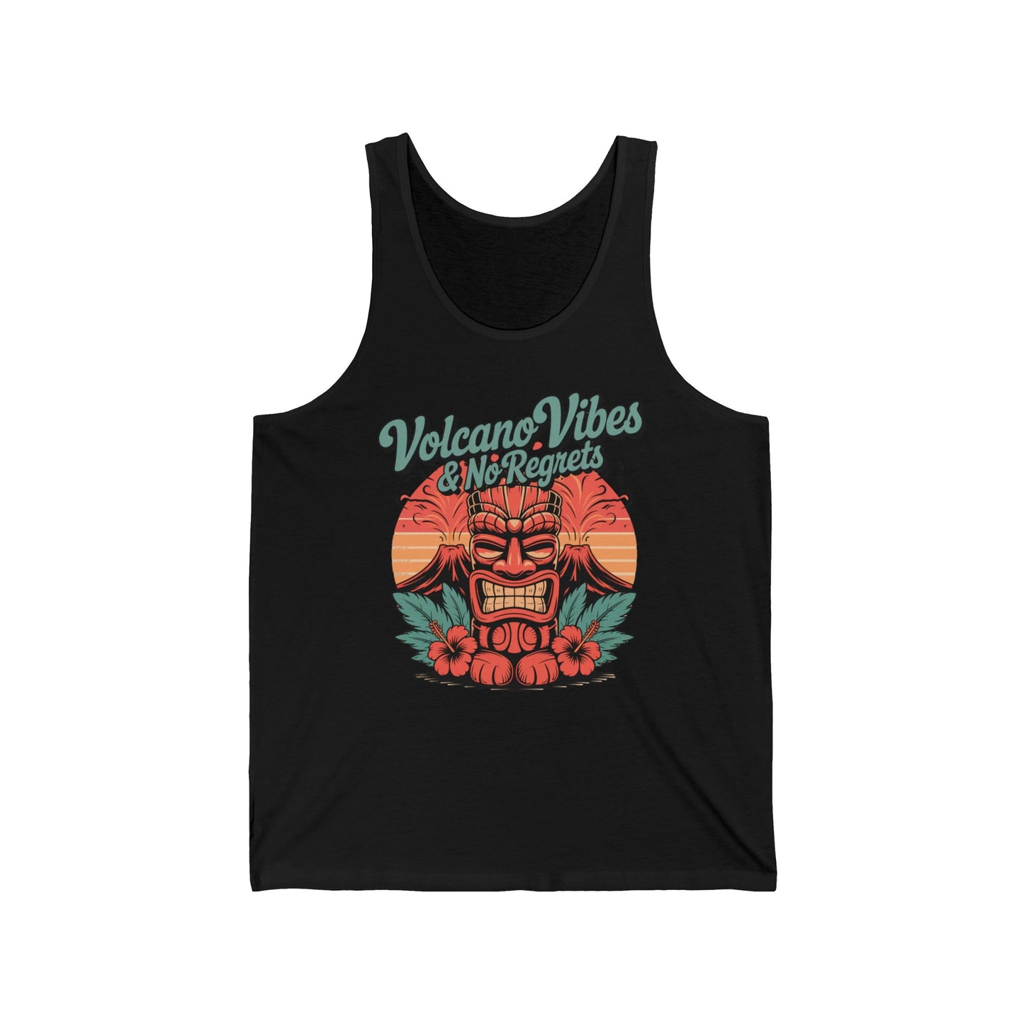 The Volcano Vibes Unisex Jersey Tiki Tank Top features a bold tiki mask, tropical flowers, sunset graphic, and “Volcano Vibes & No Regrets” text. Its lightweight fabric ensures all-day comfort with vibrant summer style.