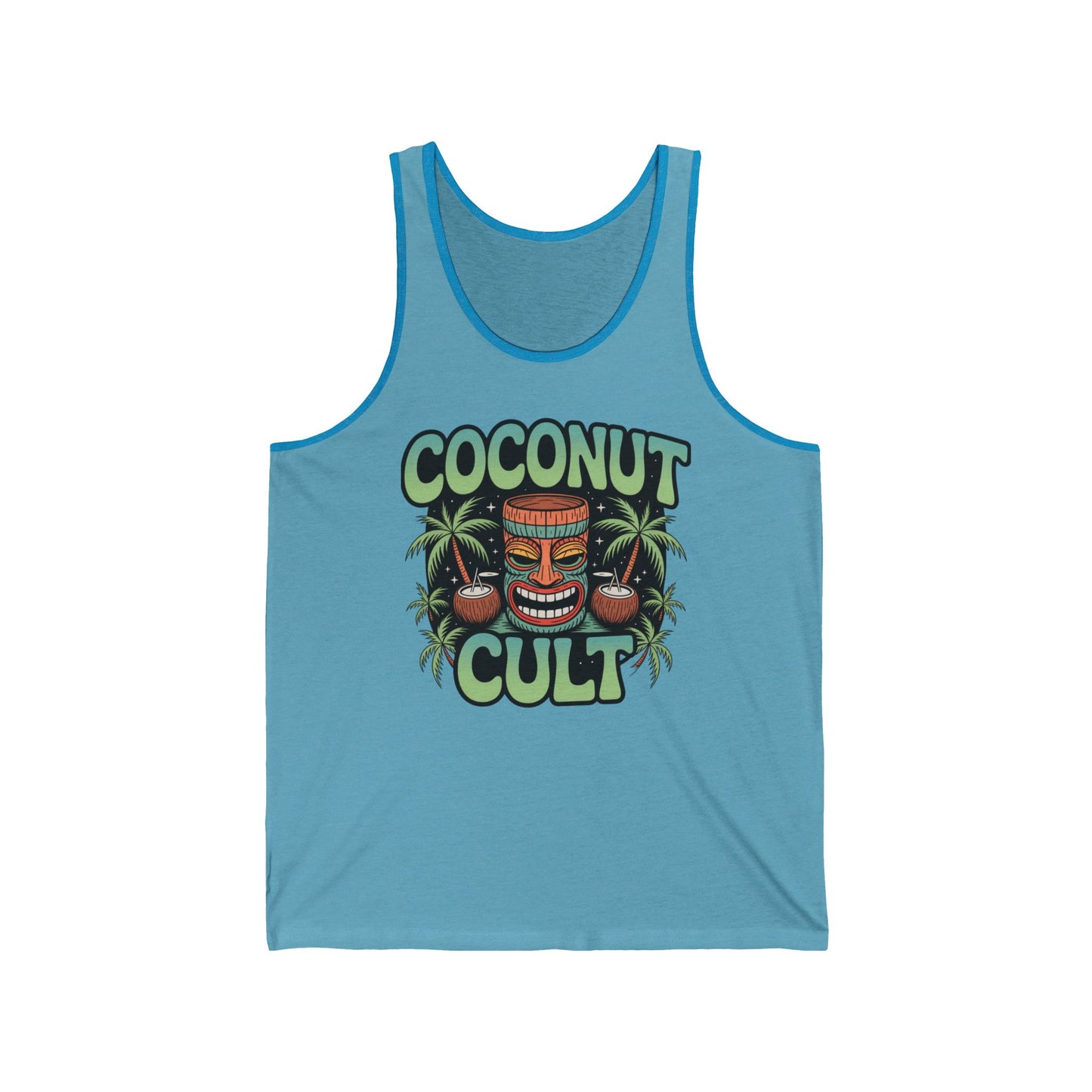 Get in the tropical mood with the Coconut Cult Unisex Jersey Tiki Tank Top—this sleeveless tank features a vibrant tiki face, palm trees, coconuts, and bold Coconut Cult lettering on the front.