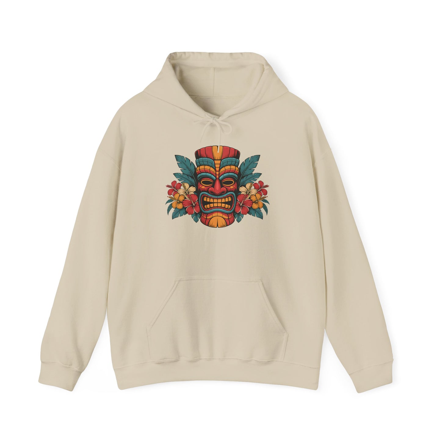 The Tropical Tiki Hooded Sweatshirt - Unisex Heavy Blend™ features a beige color with a vibrant tiki mask, lush flowers, and green leaves. Includes front pocket and drawstrings, ideal for cozy evenings.
