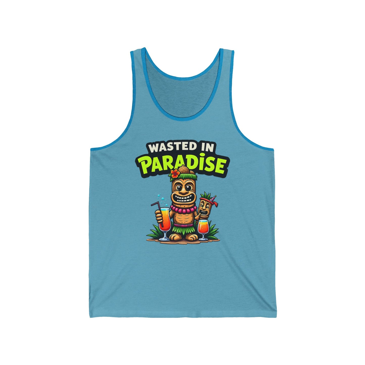 The Wasted in Paradise Unisex Jersey Tiki Tank Top features a cartoon tiki holding a drink and cocktail umbrella with bold, colorful text—perfect for fun summer beach days and party vibes.