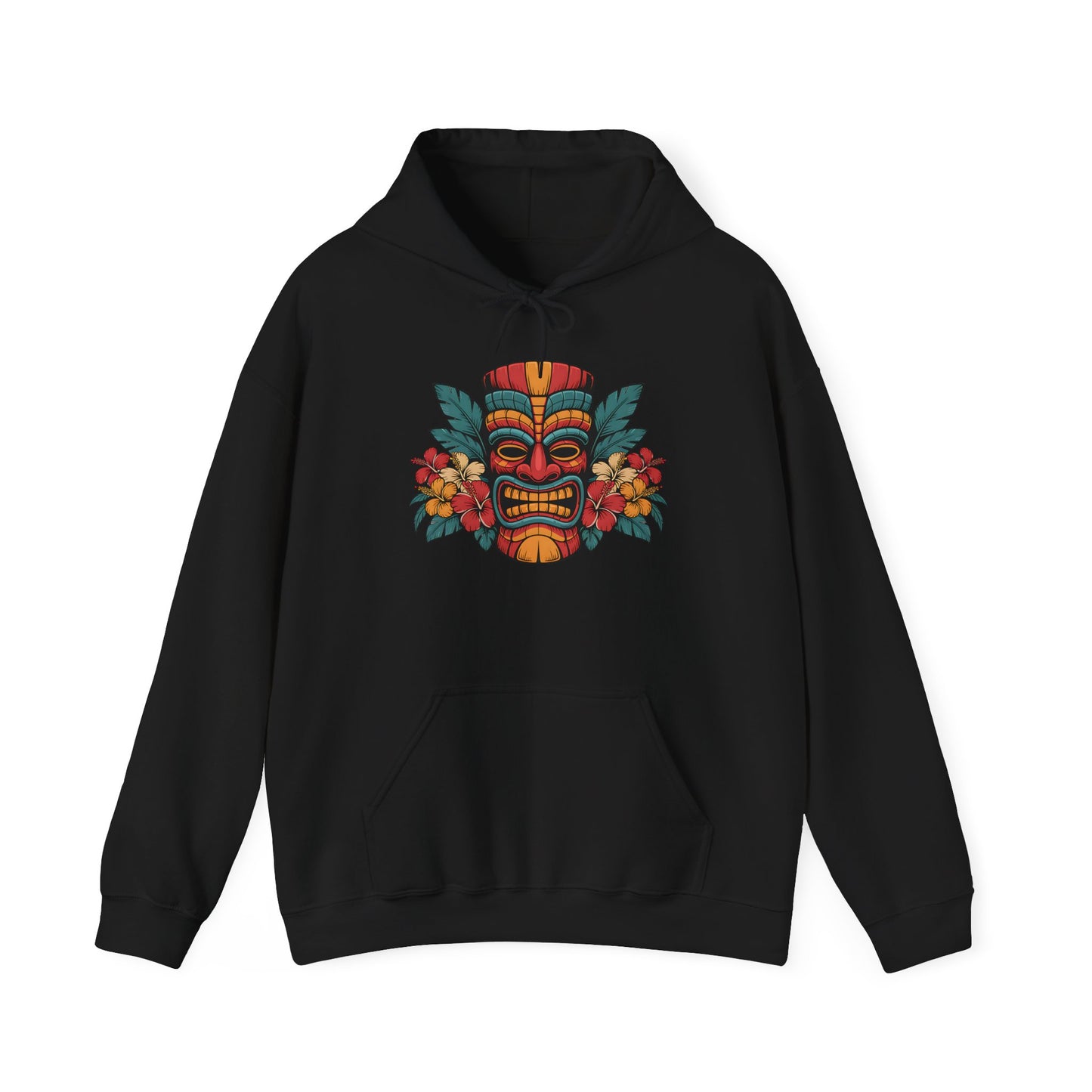 The Tropical Tiki Hooded Sweatshirt - Unisex Heavy Blend™ features a bold Tiki mask, vivid flowers, and lush leaves—ideal for relaxing in comfort and tropical style.