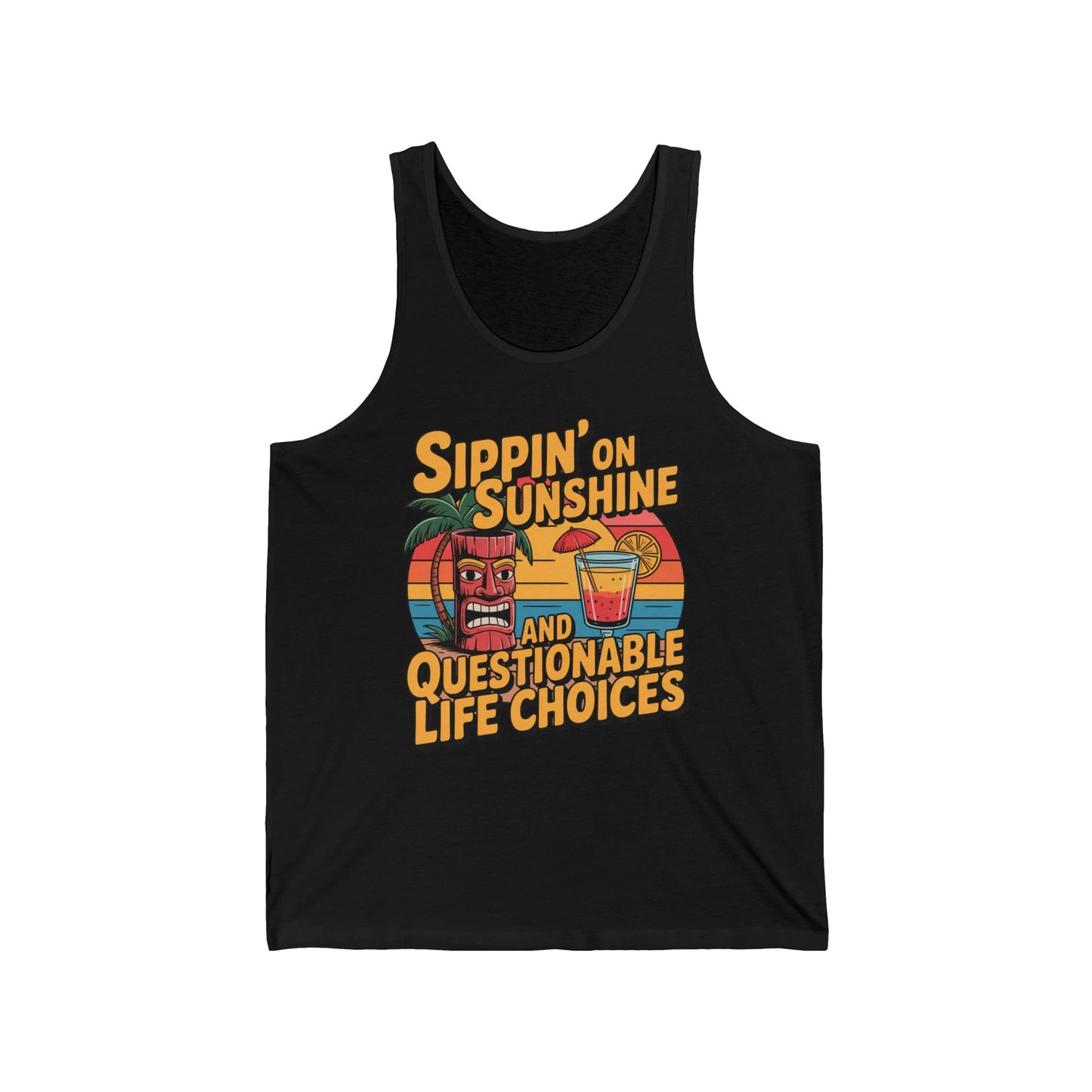 The Sippin on Sunshine Unisex Jersey Tank features playful cartoon drinks and bold lettering—perfect for summer vibes, fun celebrations, and making a statement in your sunny wardrobe.