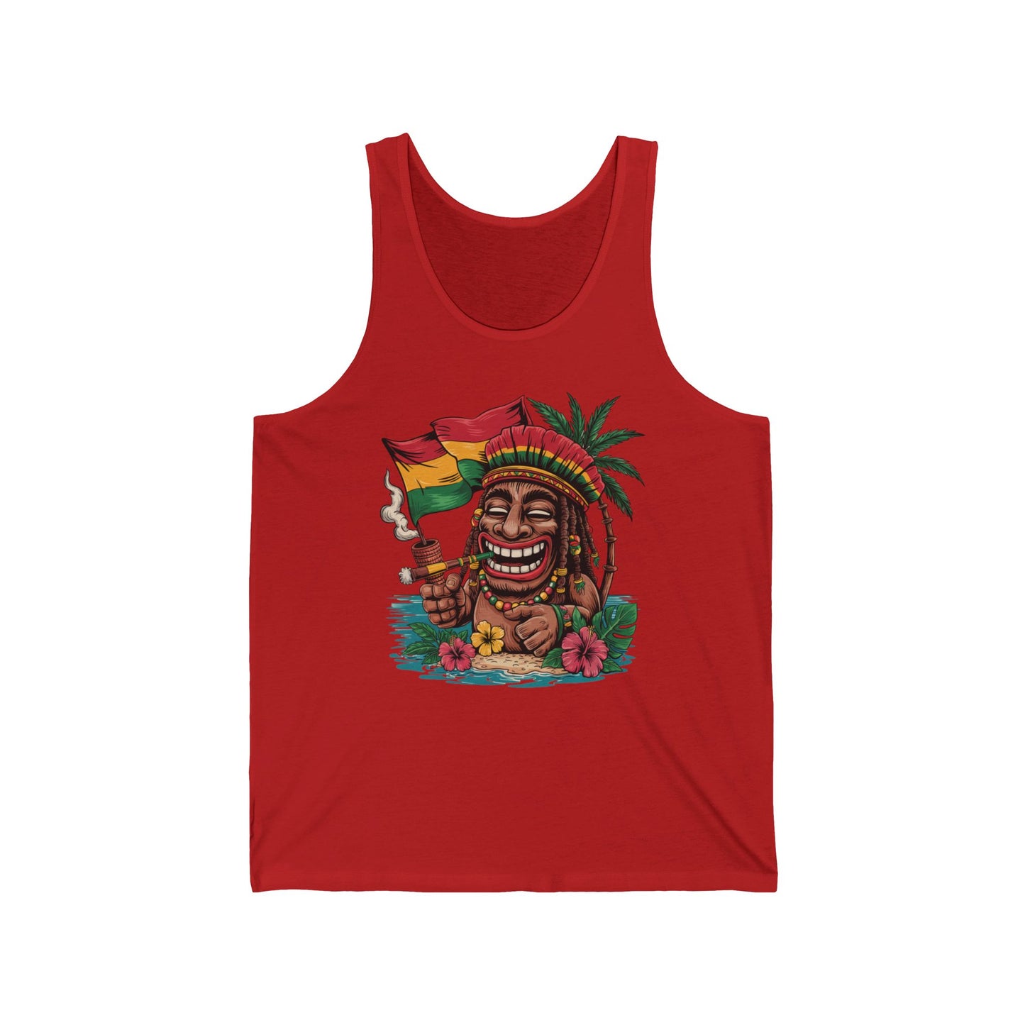 The Rasta Vibes Unisex Jersey Tiki Tank Top features a smiling tiki in a Rasta hat, holding a lit joint with Jamaican flag accents, palm tree, flowers, and water—a tropical island design for carefree summer vibes.