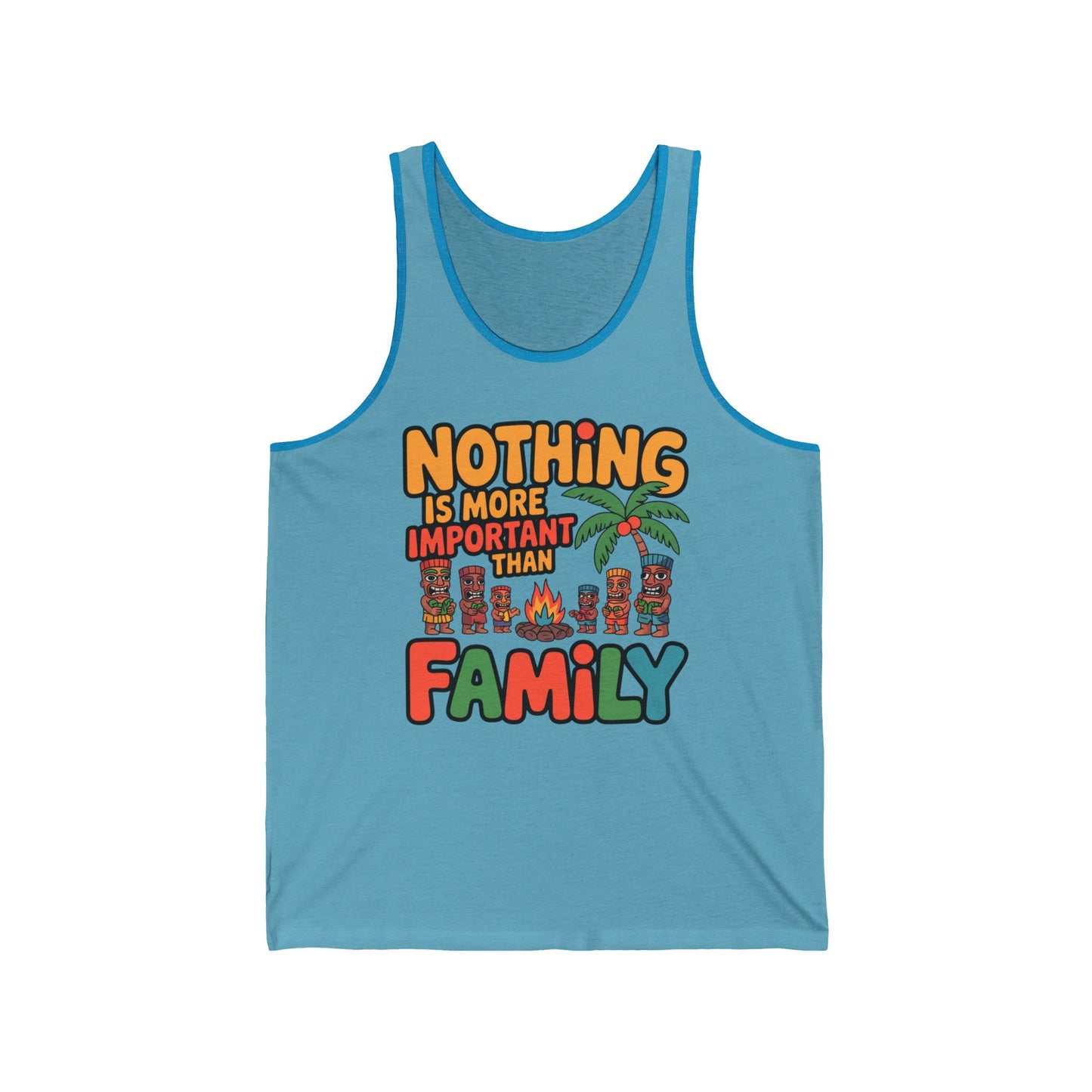 The Tiki Tank Top - Tropical Design is a light blue unisex jersey featuring colorful Nothing is more important than family text with palm tree and tiki faces, perfect for summer gatherings.