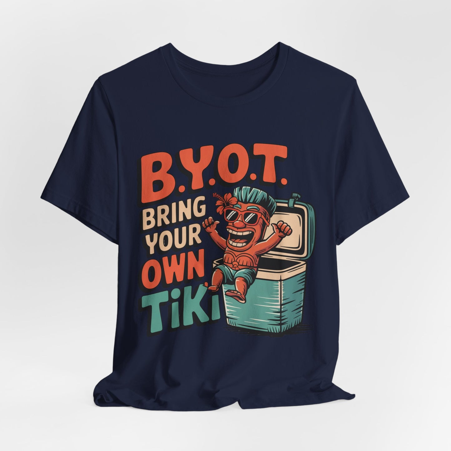 The Bring Your Own Tiki Short Sleeve Tiki T-Shirt is a fun unisex tee for summer parties, with soft Airlume combed cotton and a cartoon tiki in sunglasses beside bold “B.Y.O.T. Bring Your Own Tiki”—perfect for vibrant celebrations.