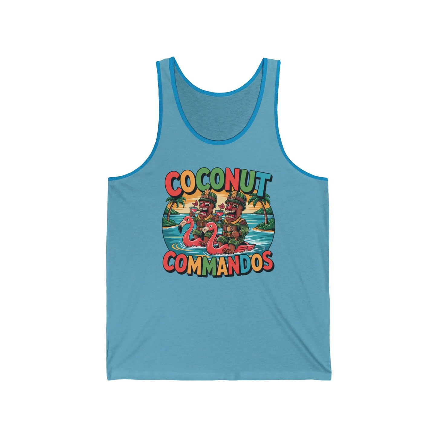 The Coconut Commandos Unisex Jersey Tiki Tank Top is a light blue tank with bold Coconut Commandos text and a vibrant graphic of cartoon coconuts as commandos in a tropical scene—perfect for summer adventures.