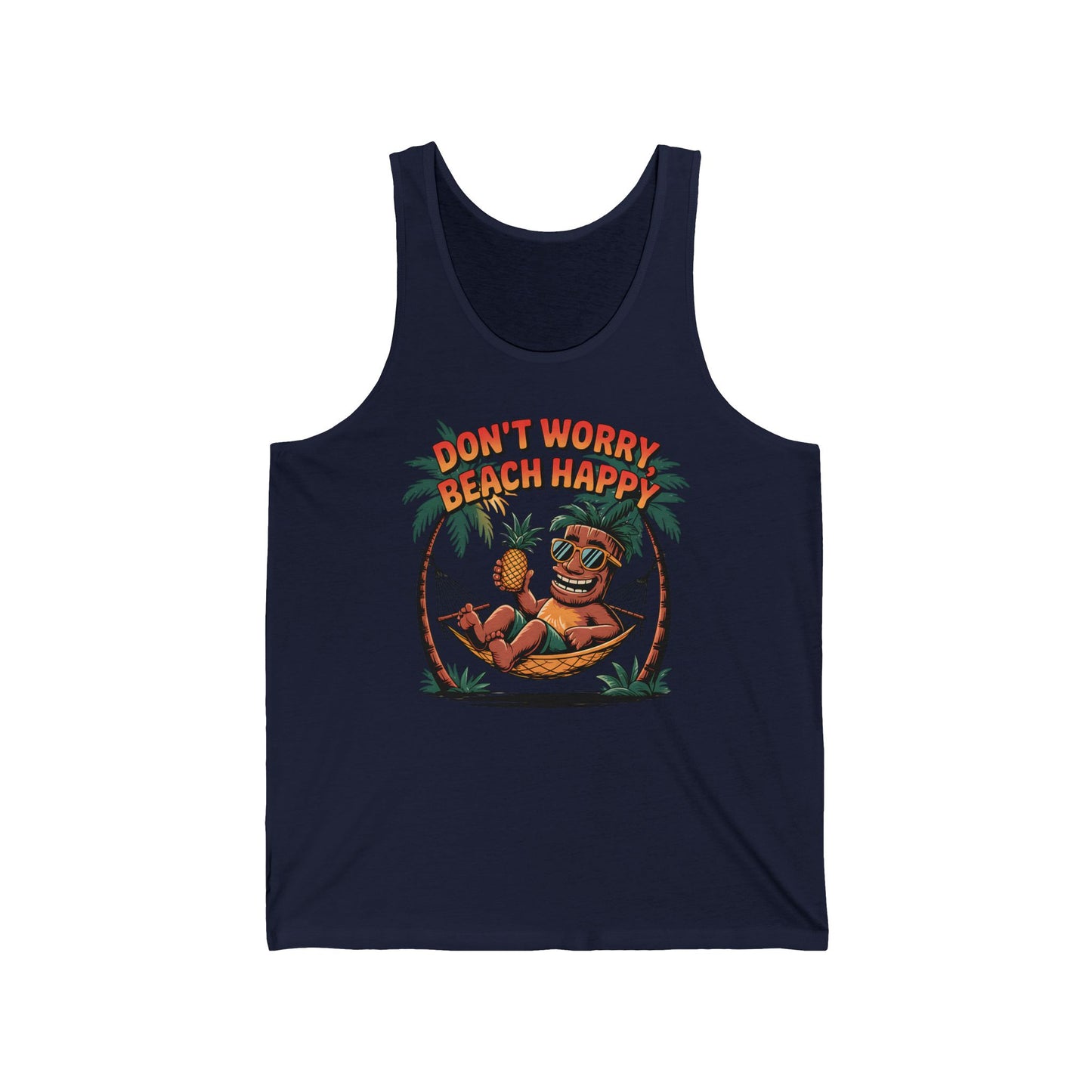 The Beach Vibes Unisex Jersey Tiki Tank Top features a smiling pineapple relaxing in a hammock with DONT WORRY BEACH HAPPY text. Made from lightweight fabric, its perfect for summer adventures.