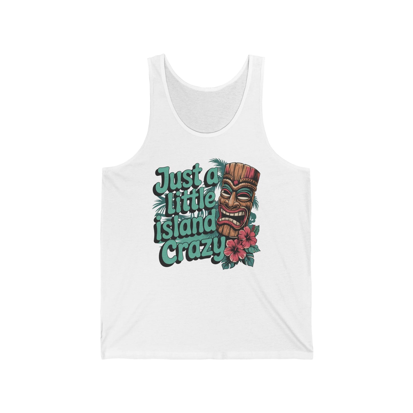 Refresh your summer style with the Just a Little Island Crazy - Tropical Vibe Unisex Jersey Tank, featuring a tiki mask, pink hibiscus, lush leaves, and bold green text for an island-inspired look.