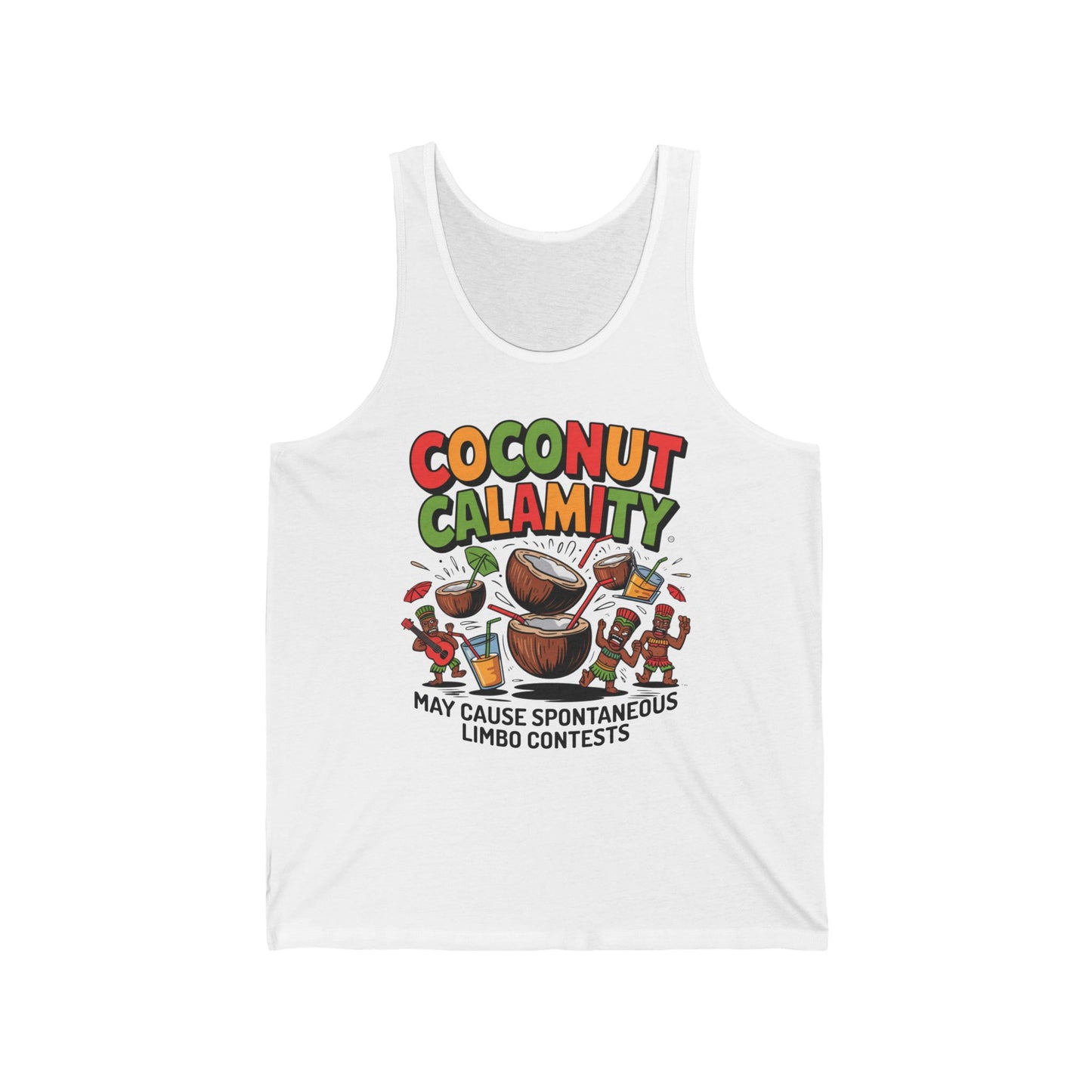 The Coconut Calamity Unisex Jersey Tiki Tank Top features colorful text and playful tropical graphics. Perfect for beach trips or party limbo contests, this fun summer shirt reads: “May cause spontaneous limbo contests.”.