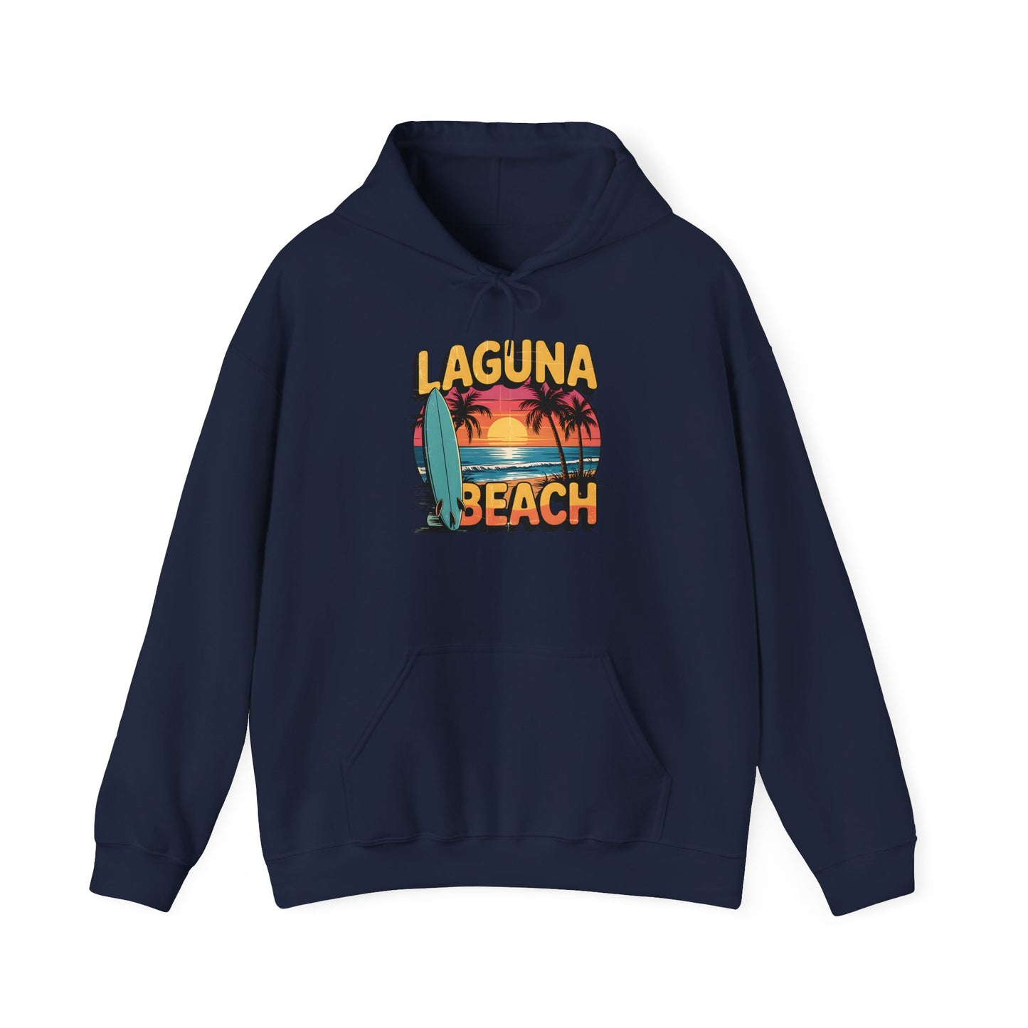 The Laguna Beach Sunset Hoodie for Beach Lovers is a navy blue hoodie with a retro sunset, palm trees, and surfboard graphic plus bold yellow and orange Laguna Beach lettering—an ideal casual pick for beach fans.