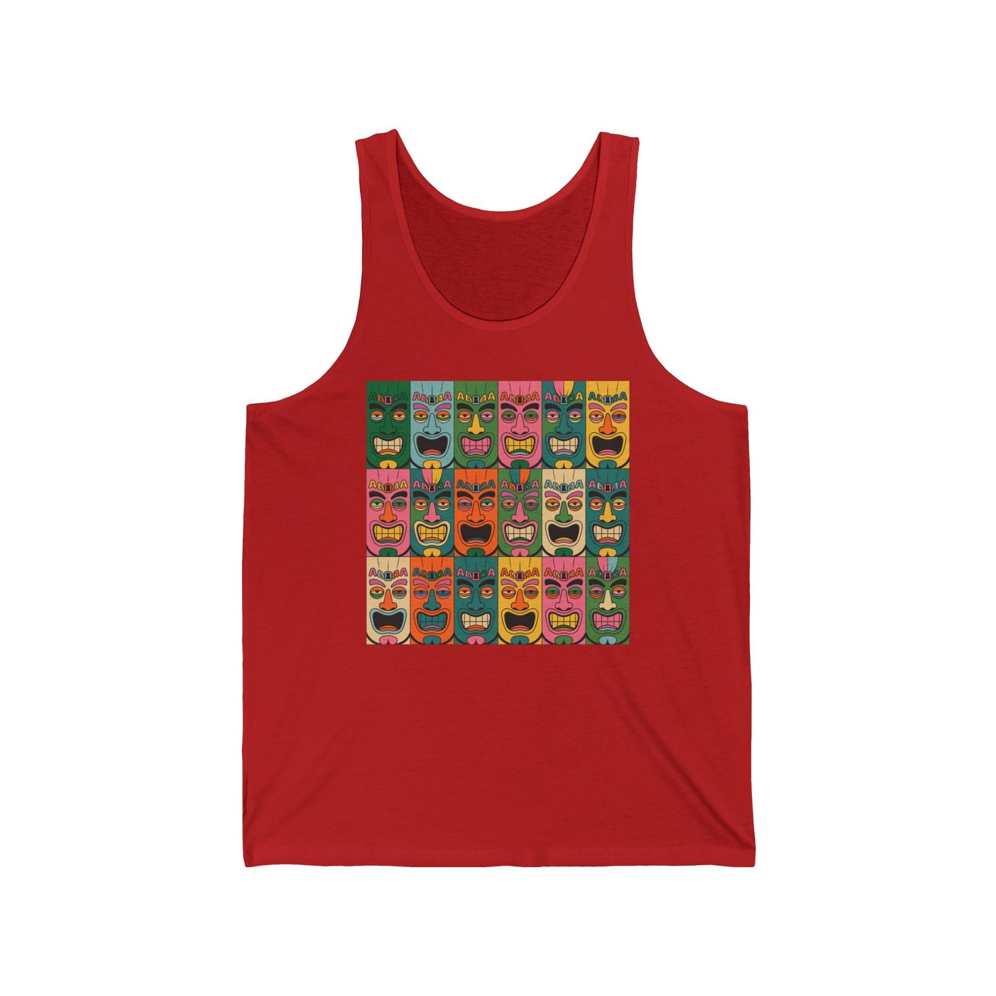 The Tropical Tiki Masks Unisex Jersey Tiki Tank Top features a vibrant grid of stylized tiki masks on red lightweight fabric—perfect summer vibe fashion for gatherings.
