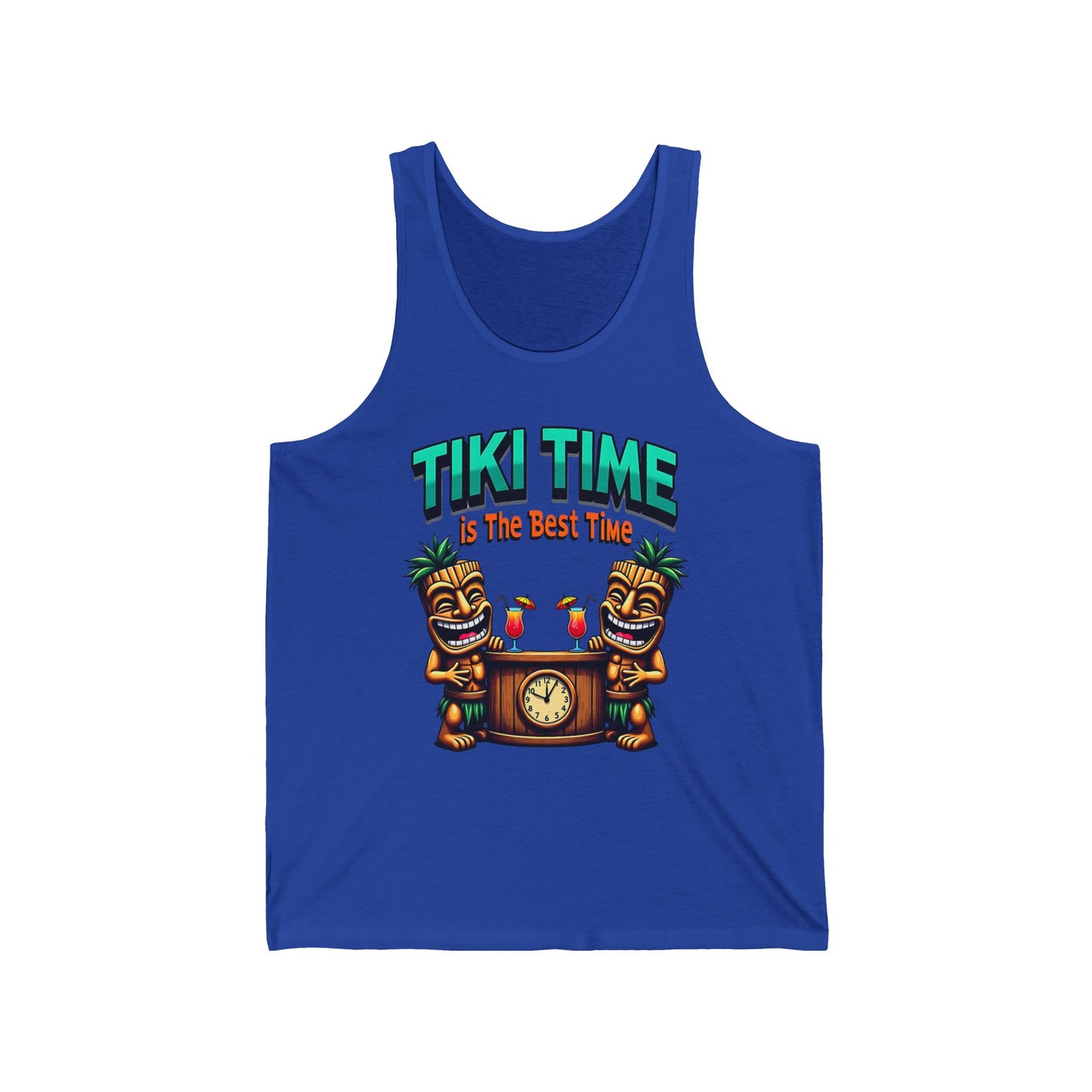 The Tiki Time Unisex Jersey Tiki Tank Top features two tiki statues holding a clock under “TIKI TIME is The Best Time” in green, accented by three parrots. A colorful, relaxed-fit essential—perfect for summer celebrations.