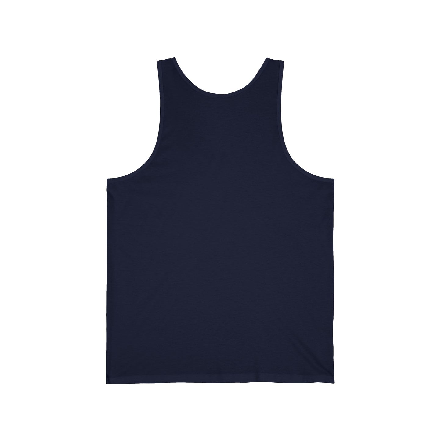 The Beach Vibes Unisex Jersey Tiki Tank Top – Dont Worry Beach Happy is shown laid flat, back side up, against a white background; its lightweight fabric makes it perfect for summer adventures.