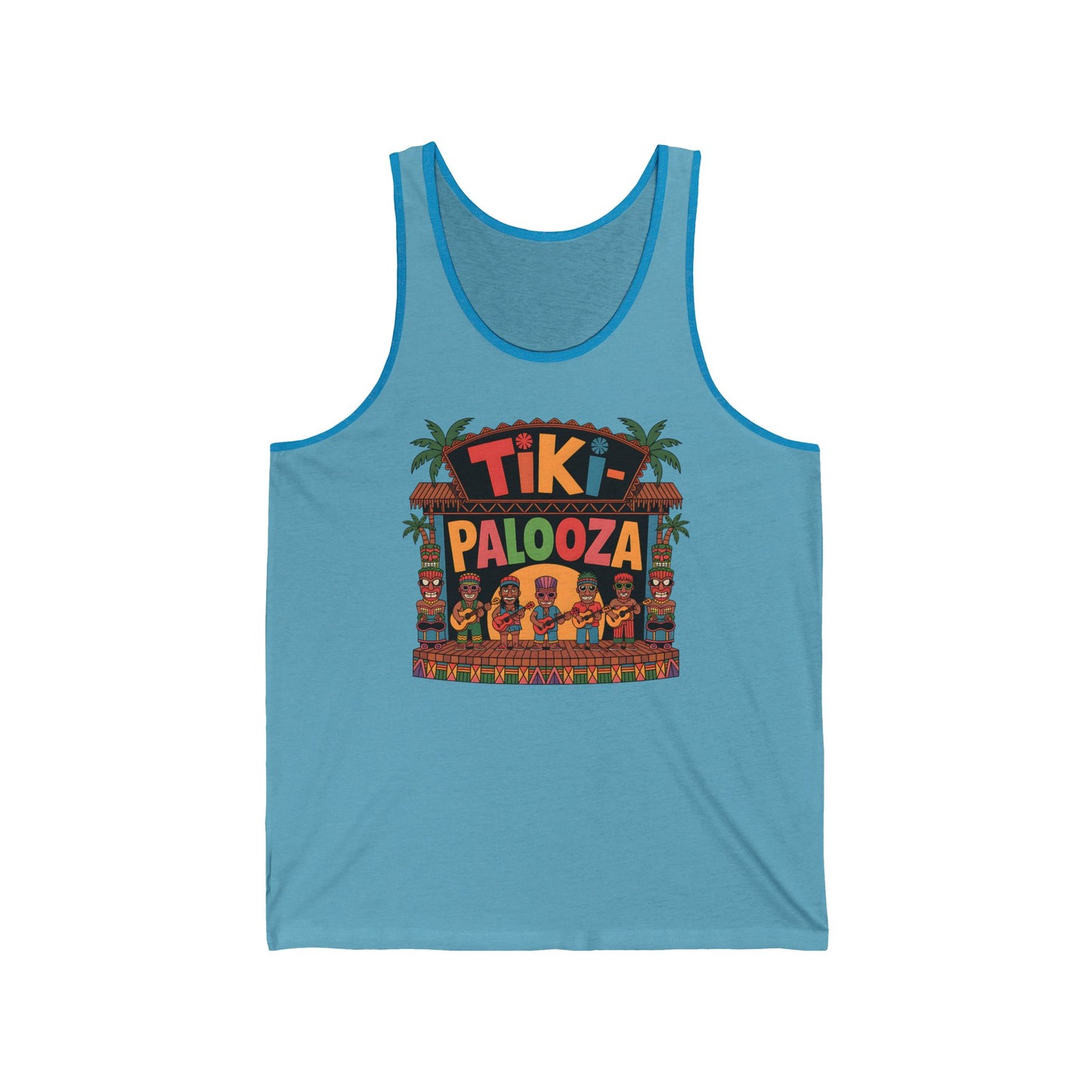 The Tiki Palooza Unisex Jersey Tiki Tank Top showcases a vibrant graphic with tiki statues, palm trees, and cartoon people under a festive sign—perfect for summer vibes and festival fun.