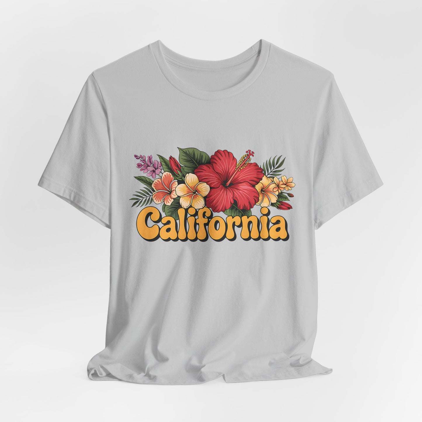 The California Floral Graphic T-Shirt Summer Vibes Unisex T-Shirt features a vibrant floral design above bold yellow California text, capturing a colorful and summery vibe in a light gray jersey short sleeve tee.