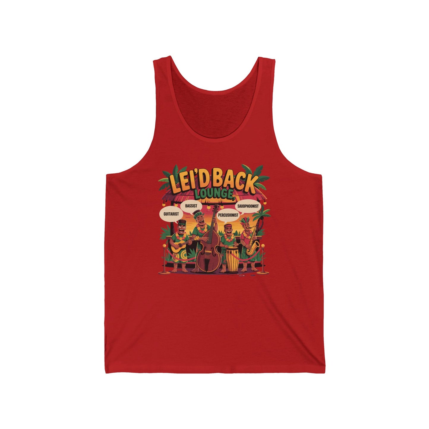 The Leid Back Lounge Unisex Jersey Tiki Tank Top is a red, breathable summer tee featuring three cartoon musicians with tropical plants and instruments, labeled LEID BACK LOUNGE above for a relaxed, tropical vibe.