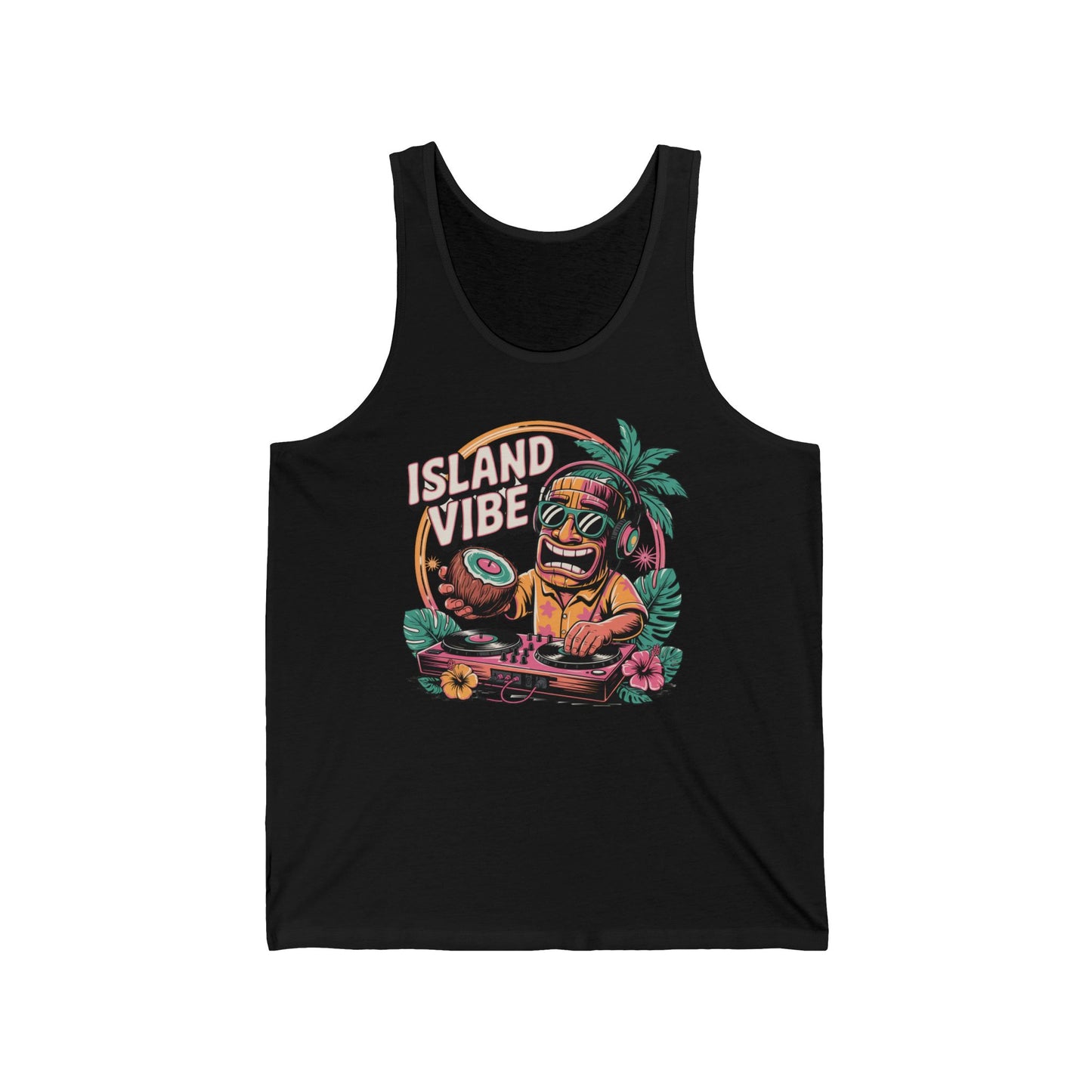 Add a playful touch to your summer look with the Island Vibe Unisex Jersey Tiki Tank Top. Featuring a DJ tiki, tropical leaves, and the bold ISLAND VIBE graphic, it’s perfect for any summer celebration.