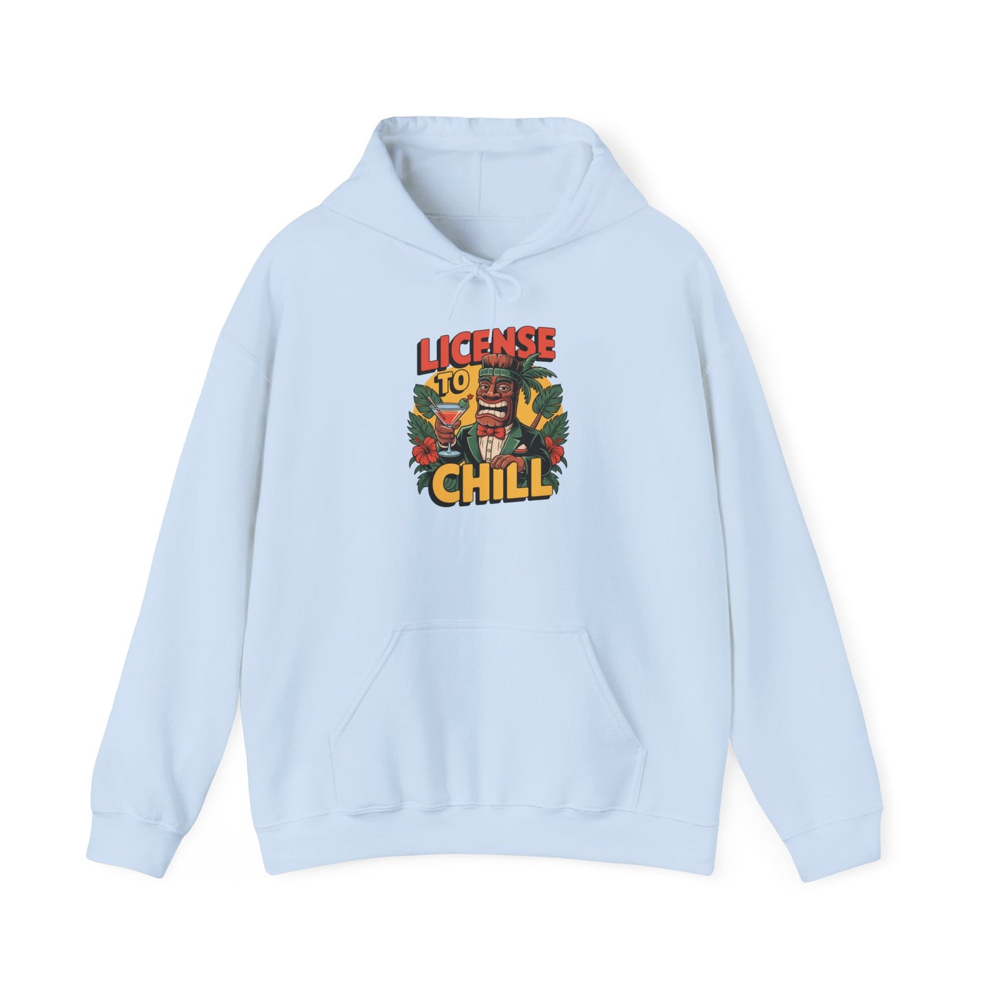 The License to Chill Hoodie is a light blue unisex heavy blend sweatshirt featuring a colorful cartoon graphic, tropical leaves, and LICENSE TO CHILL in bold letters—a relaxed fit perfect for comfort and fun.