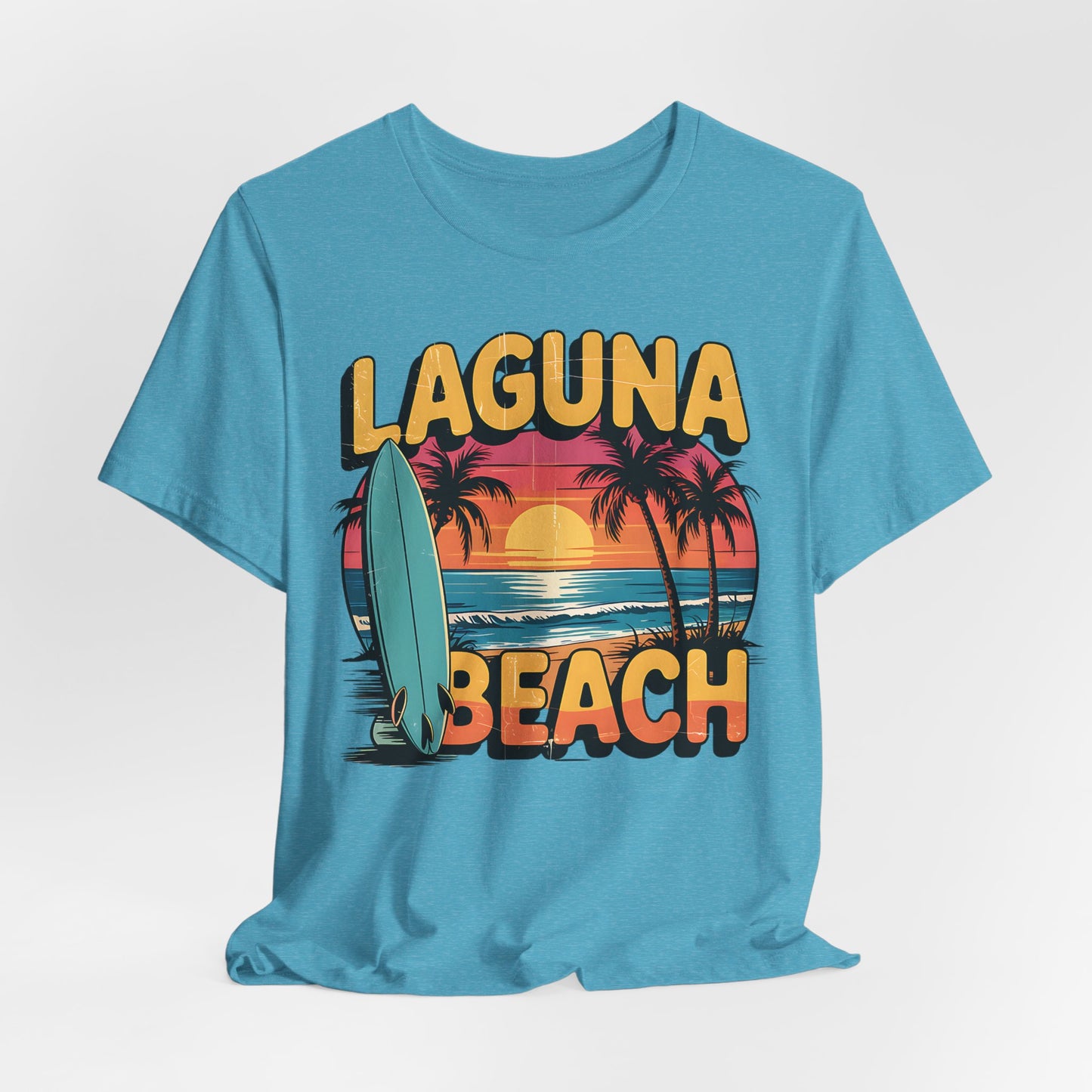 The Laguna Beach Sunset Surf Tee—Unisex Jersey Short Sleeve T-Shirt features a relaxed fit with vibrant retro sunset, palm trees, waves, and surfboard graphics—perfect for your next beach adventure.