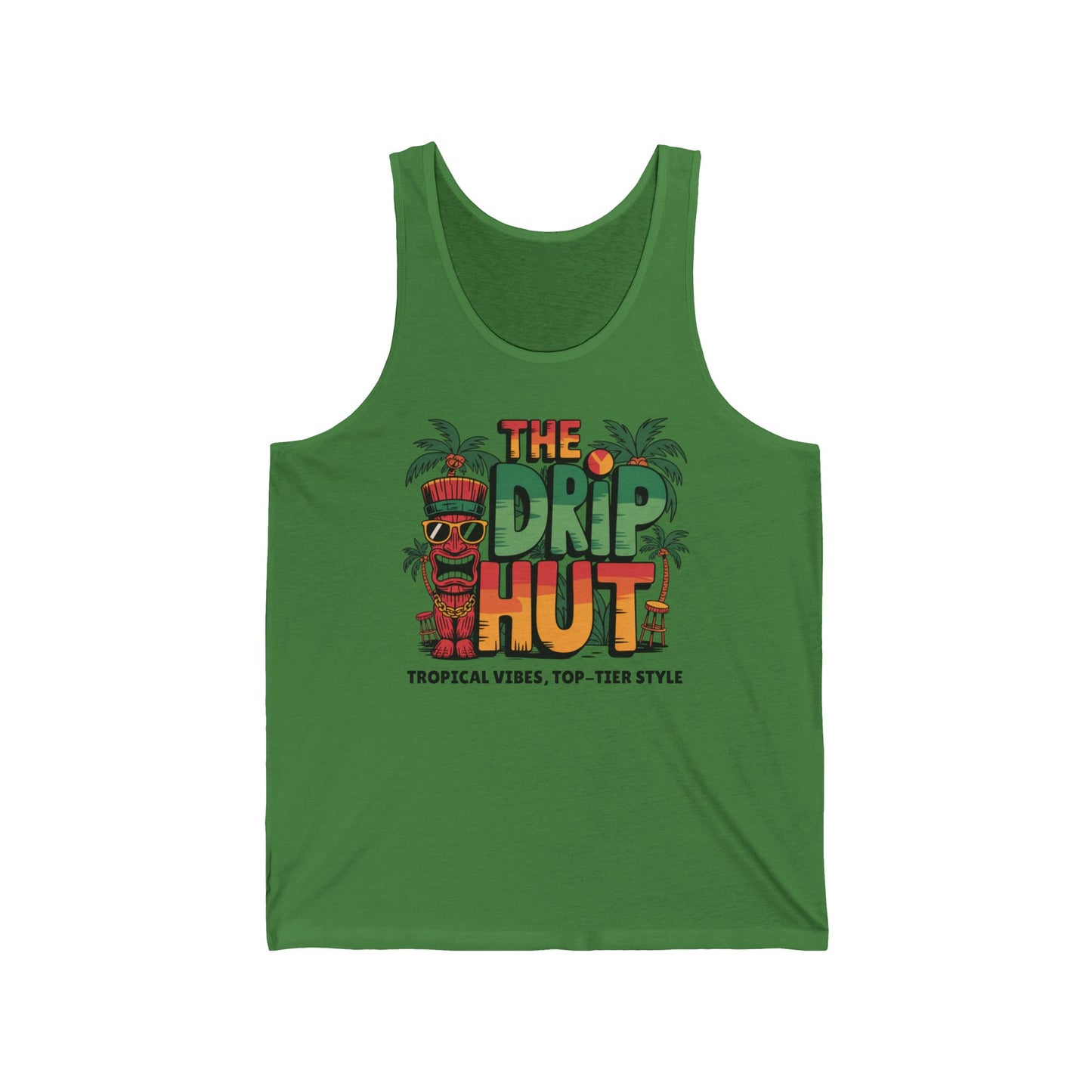 The Tropical Vibes Tiki Tank Top - The Drip Hut Design is a green unisex tank featuring a colorful tiki, palm trees, bold “THE DRIP HUT” text, and “TROPICAL VIBES, TOP-TIER STYLE.” Made with breathable fabric for summer comfort.